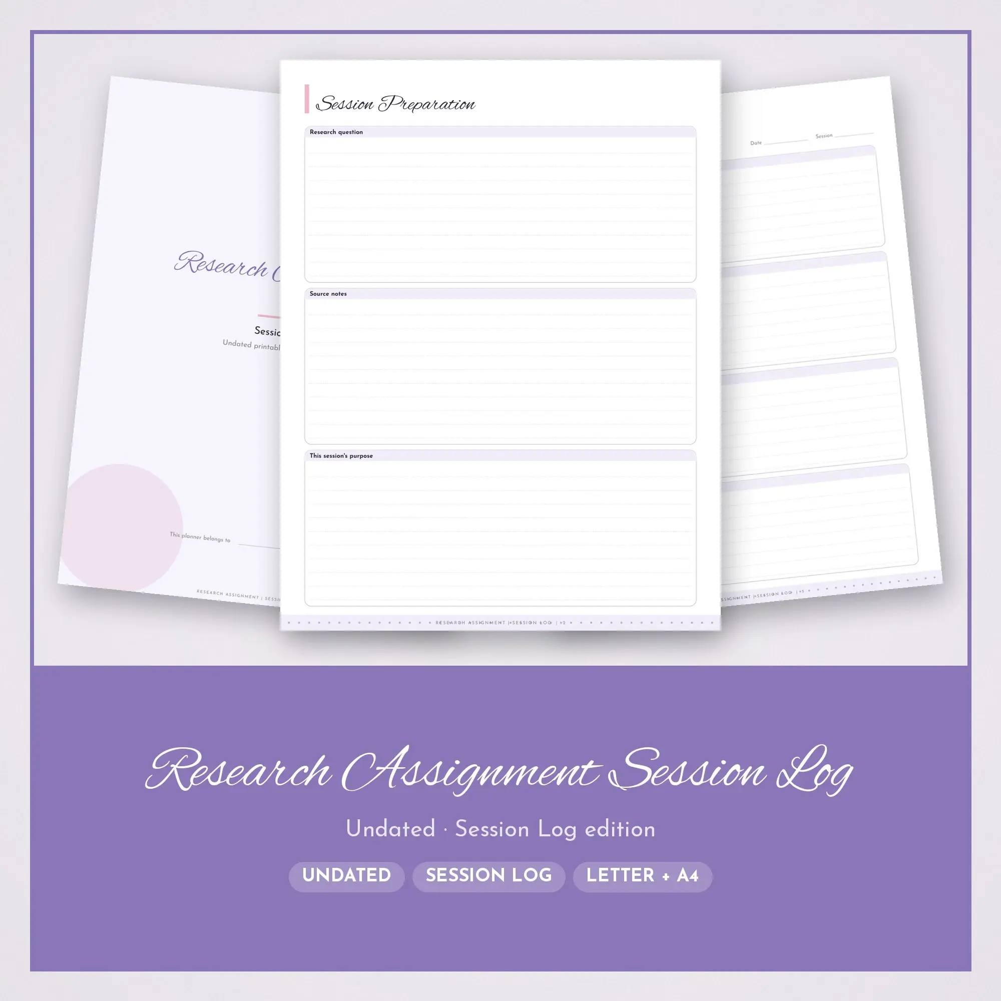 Research Assignment Session Log Planner PDF - Lavender preview