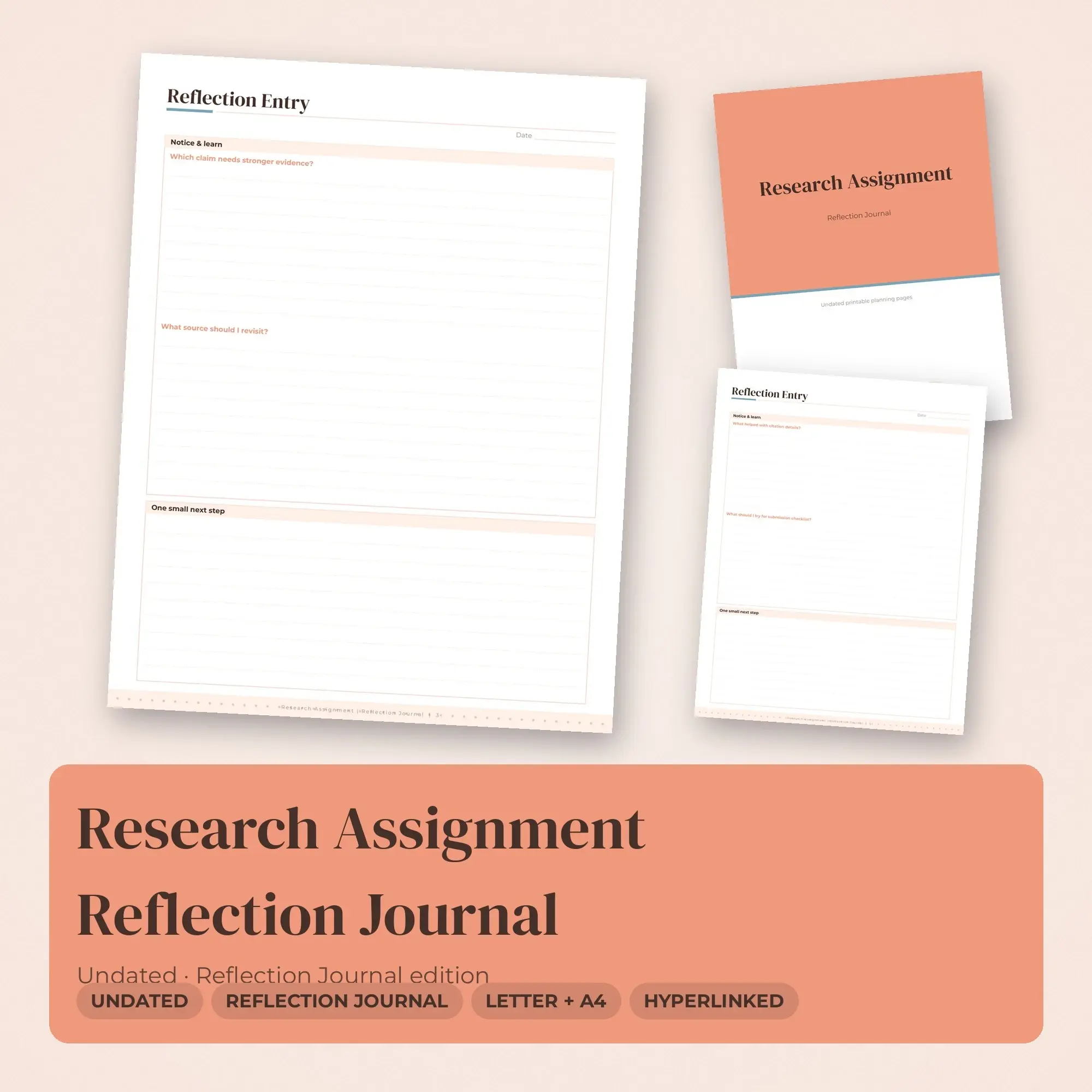 Research Assignment Reflection Journal Planner PDF - Peach preview