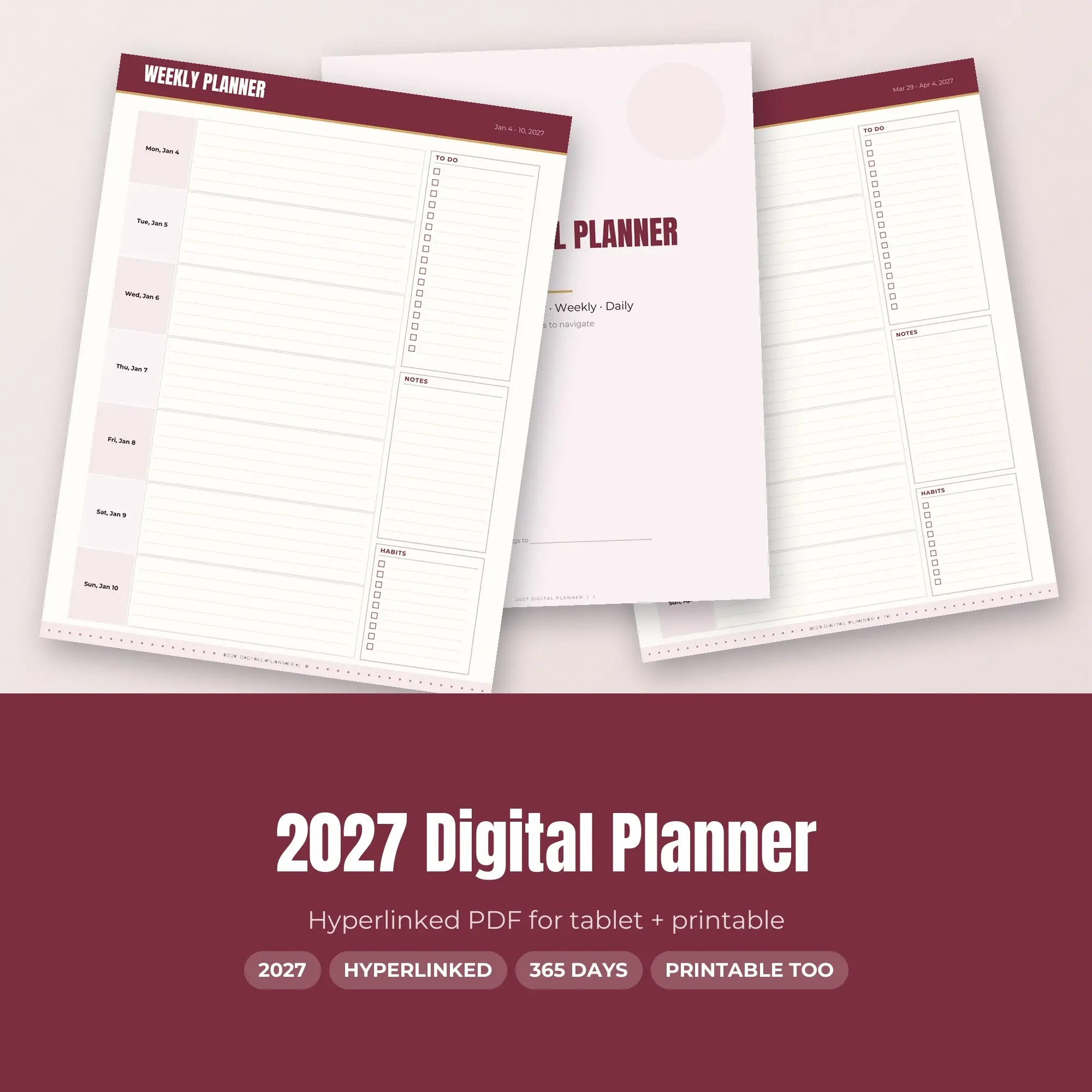 2027 Digital Planner, Hyperlinked PDF for Tablet, Year Month Week Day preview