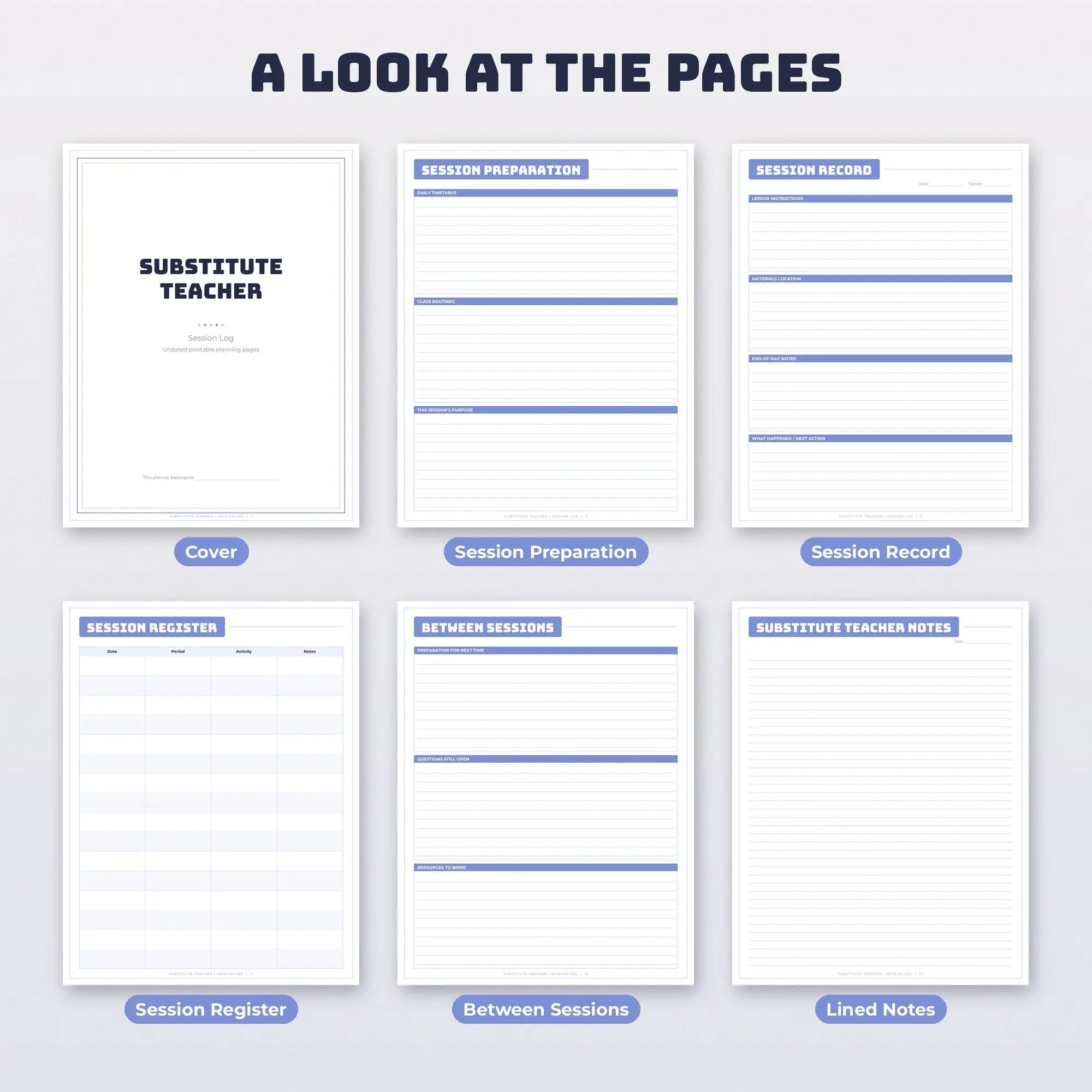 Substitute Teacher Session Log Planner PDF - Periwinkle, preview 2 of 2