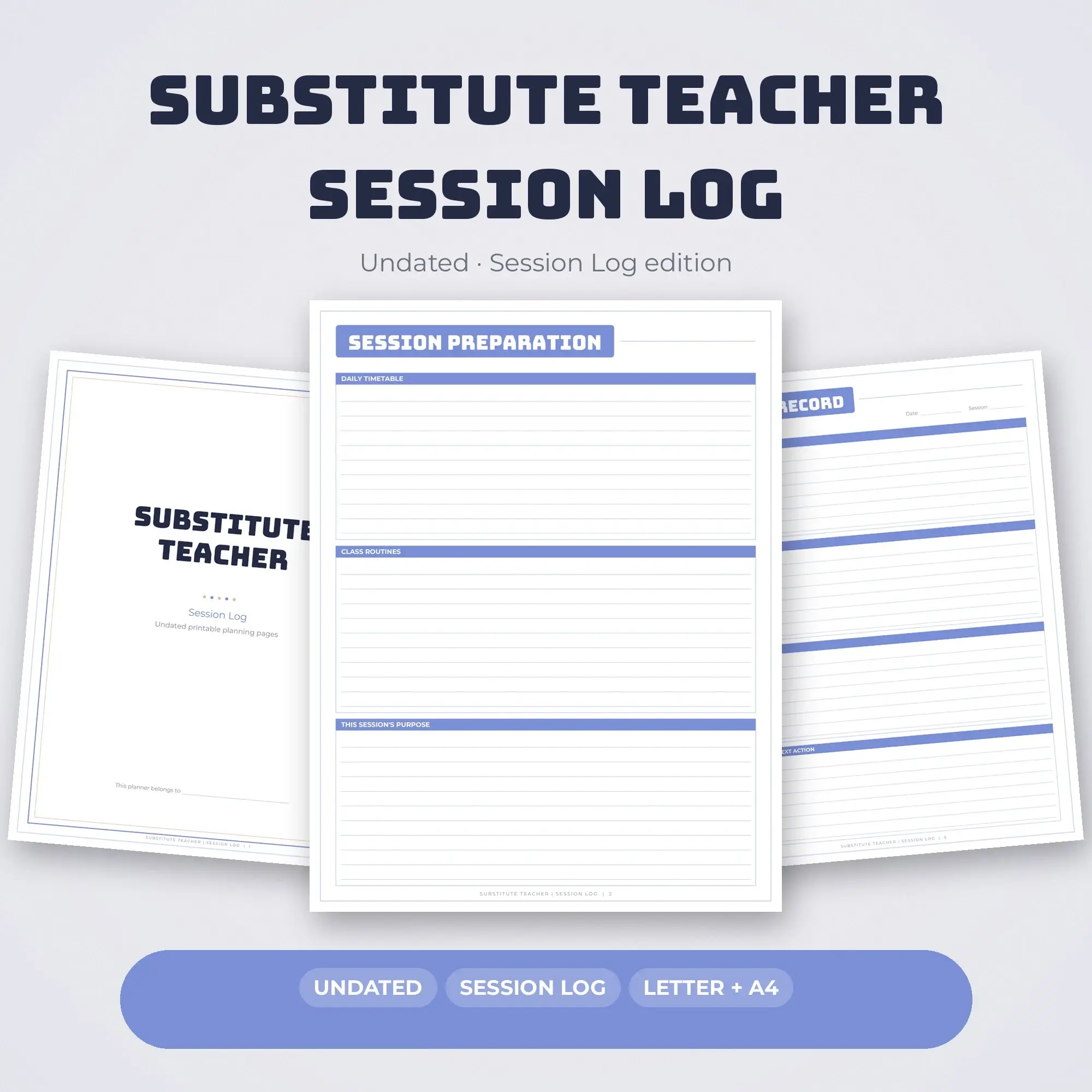 Substitute Teacher Session Log Planner PDF - Periwinkle, preview 1 of 2