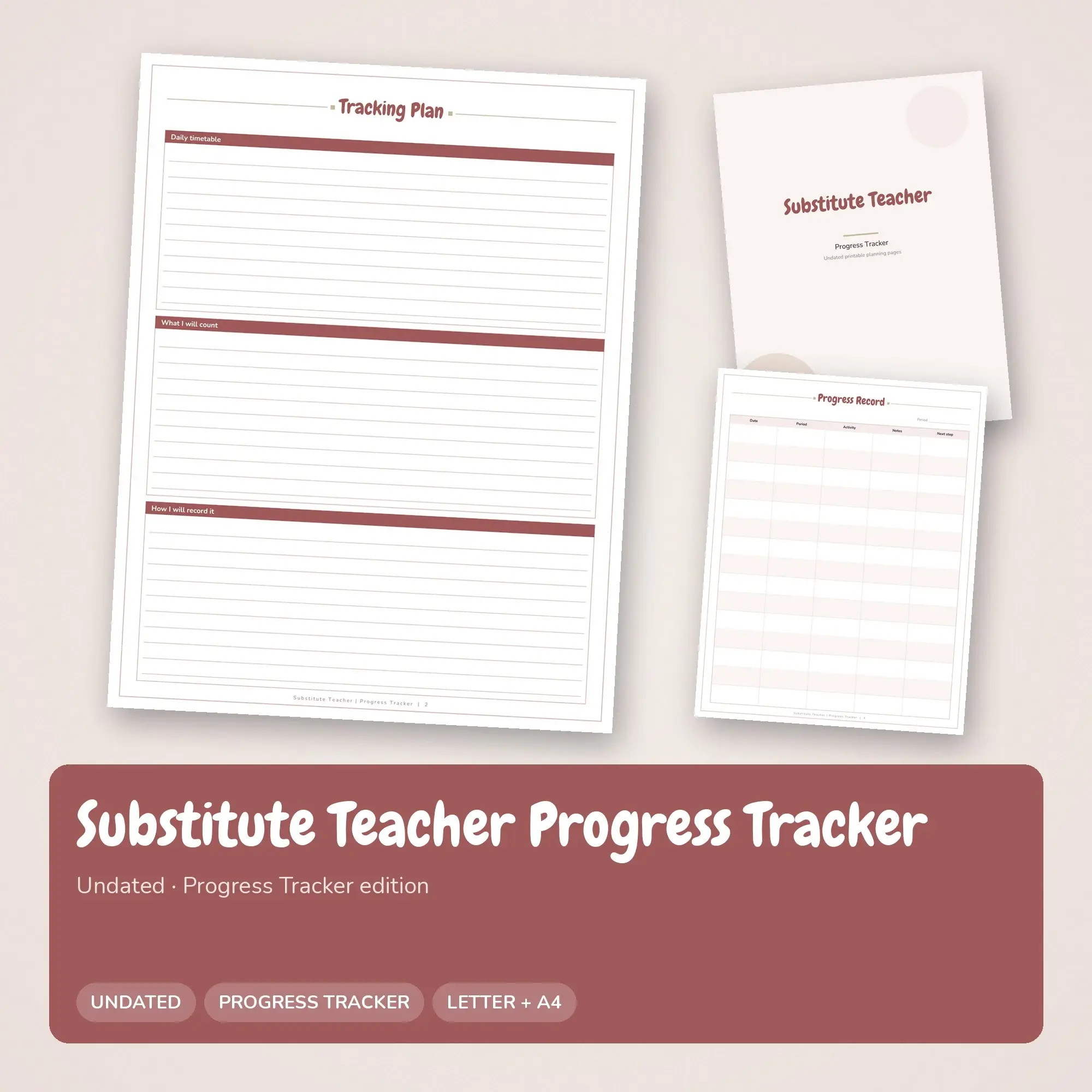 Substitute Teacher Progress Tracker Planner PDF - Rosewood preview