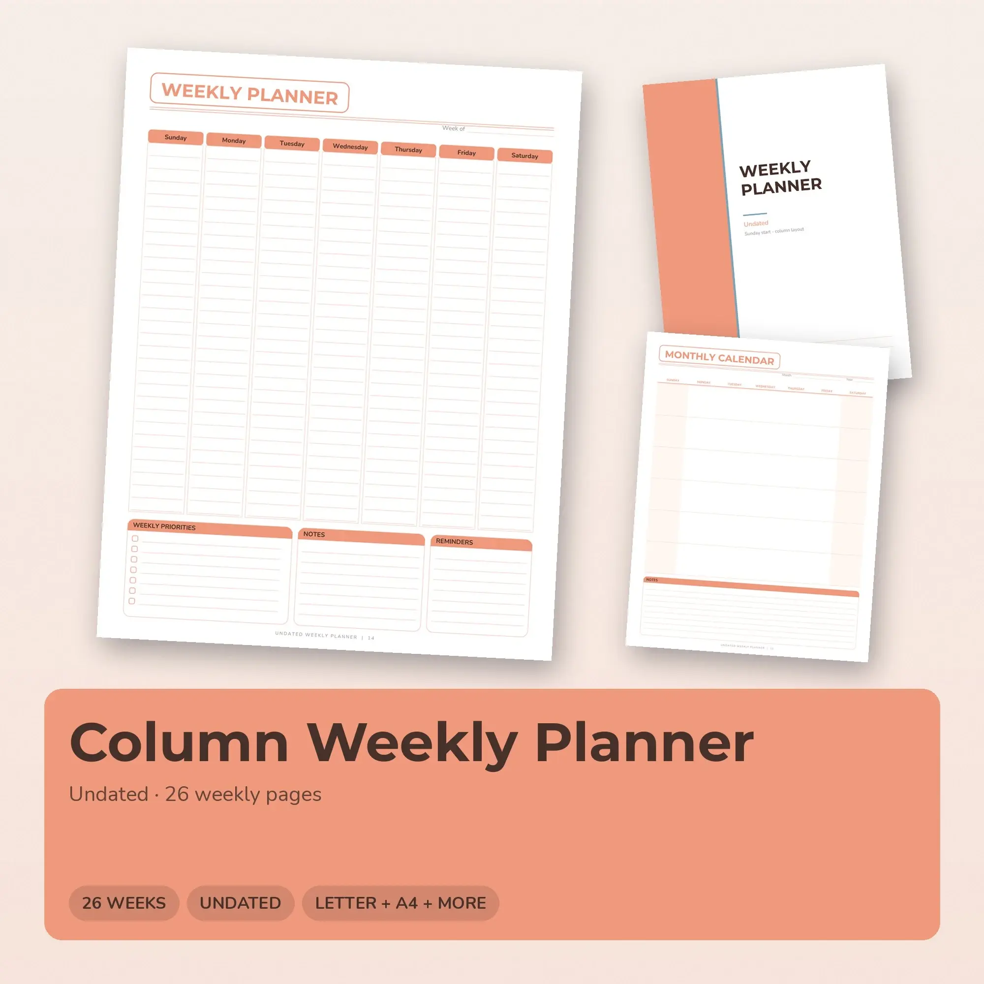 Modern Weekly Planner Printable, Undated Peach PDF preview