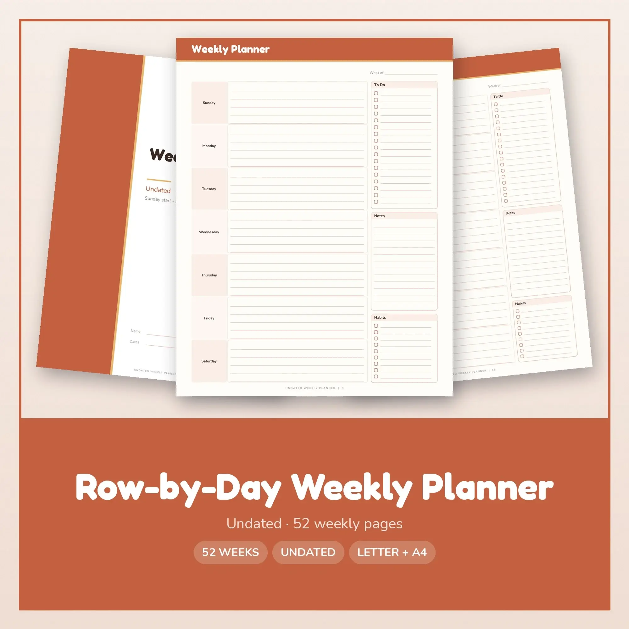 Undated Weekly Planner Printable - Row-by-Day Layout, Terracotta preview