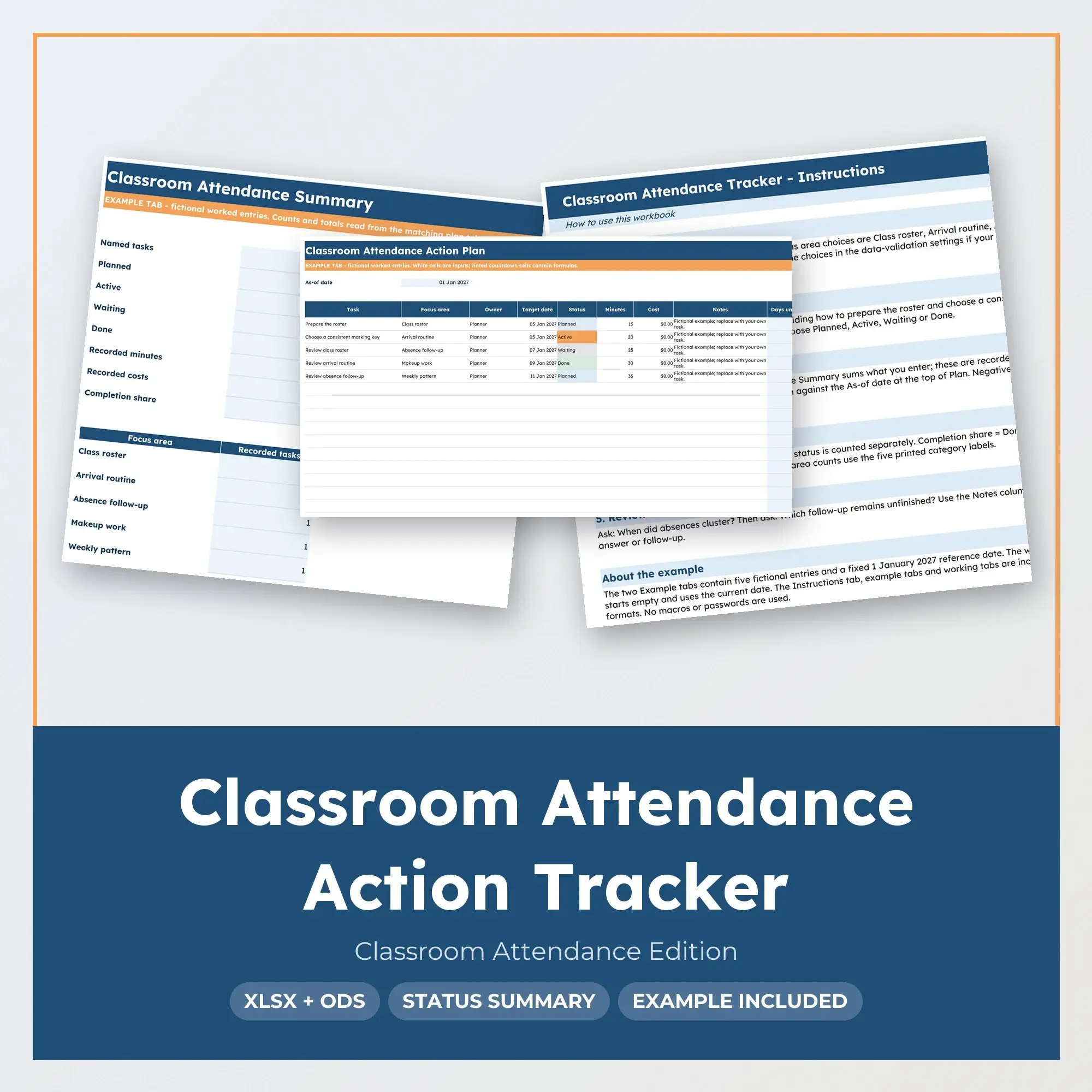 Classroom Attendance Action Tracker Spreadsheet, XLSX + ODS preview