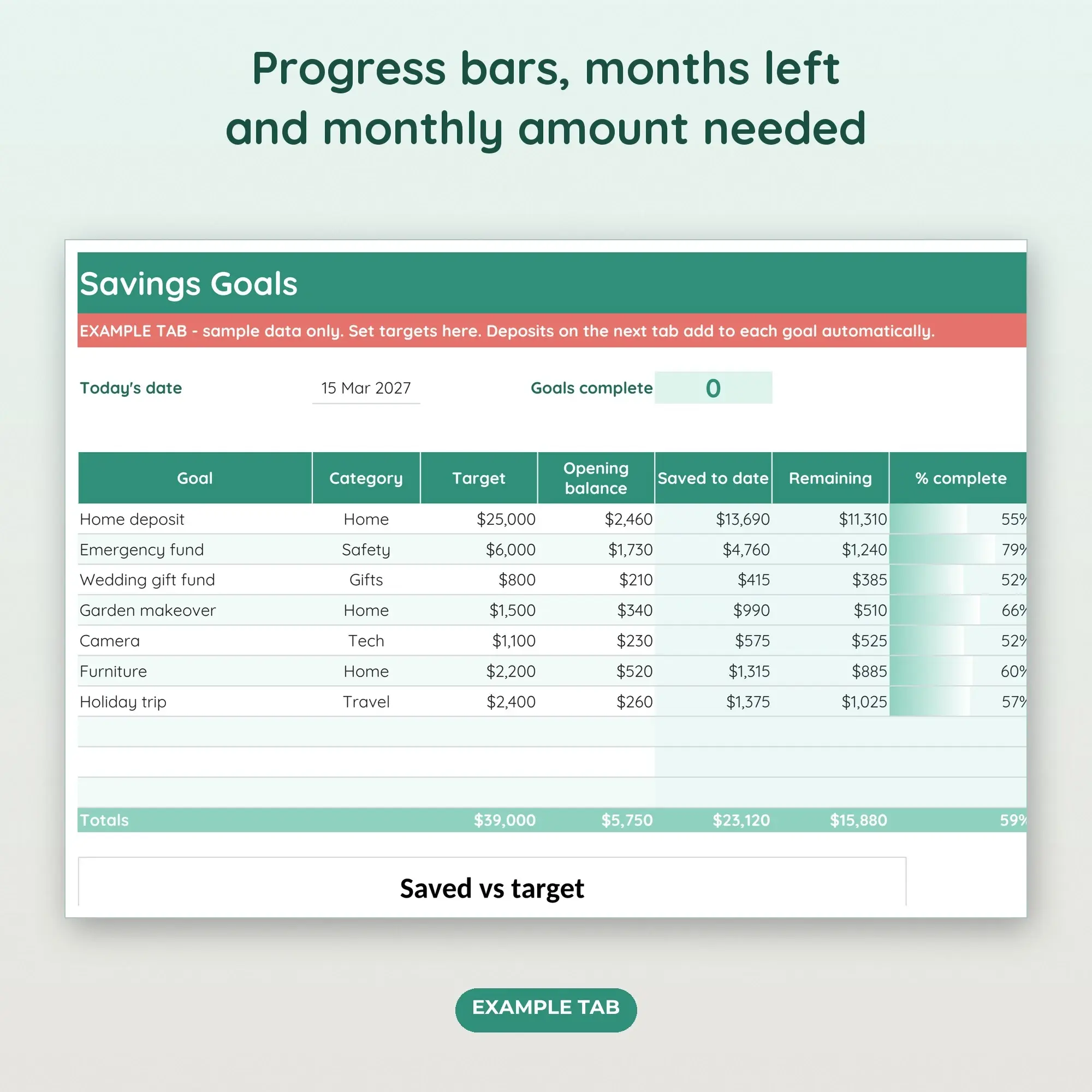 Savings Goals Tracker Spreadsheet with Progress Bars (Everyday), preview 2 of 2