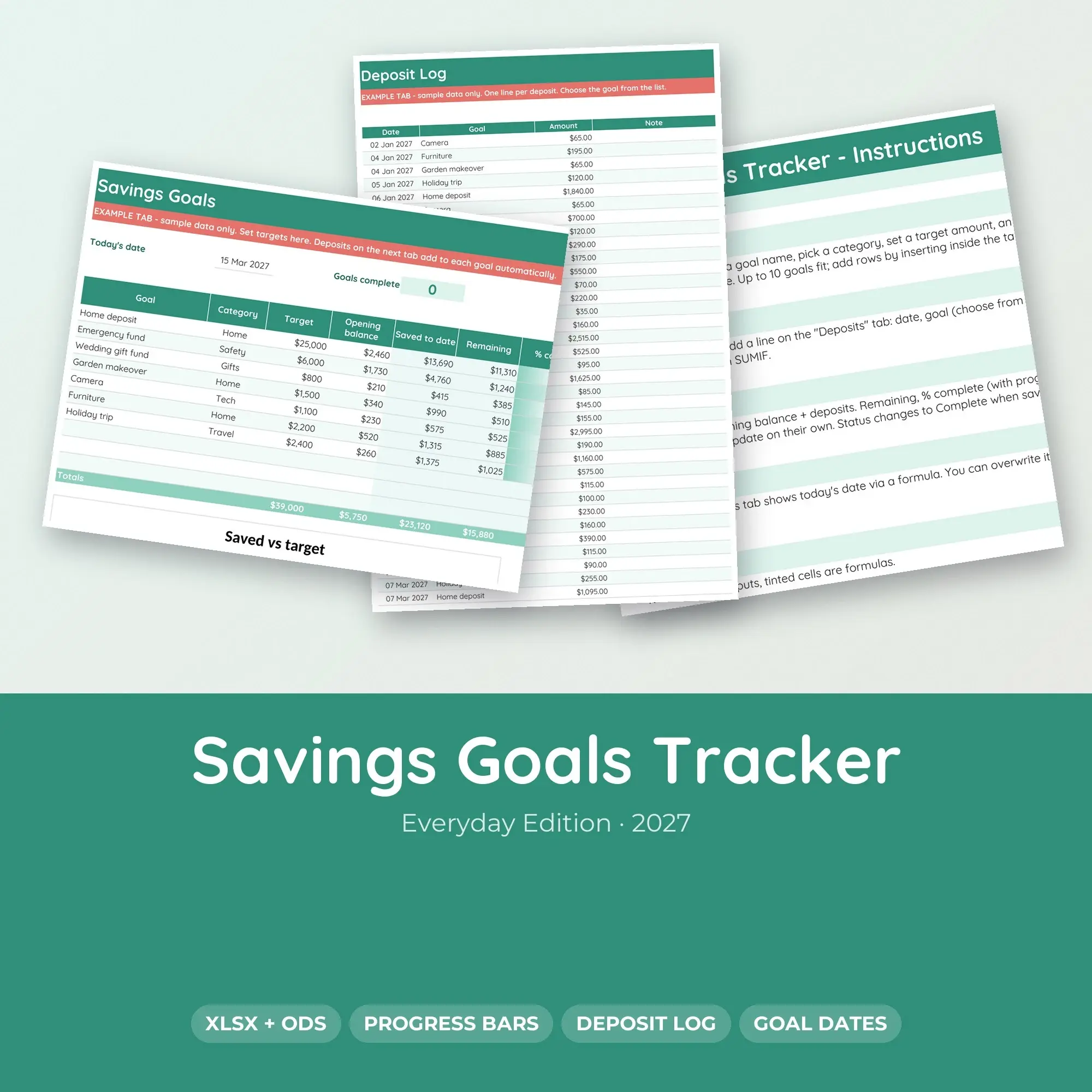 Savings Goals Tracker Spreadsheet with Progress Bars (Everyday) preview