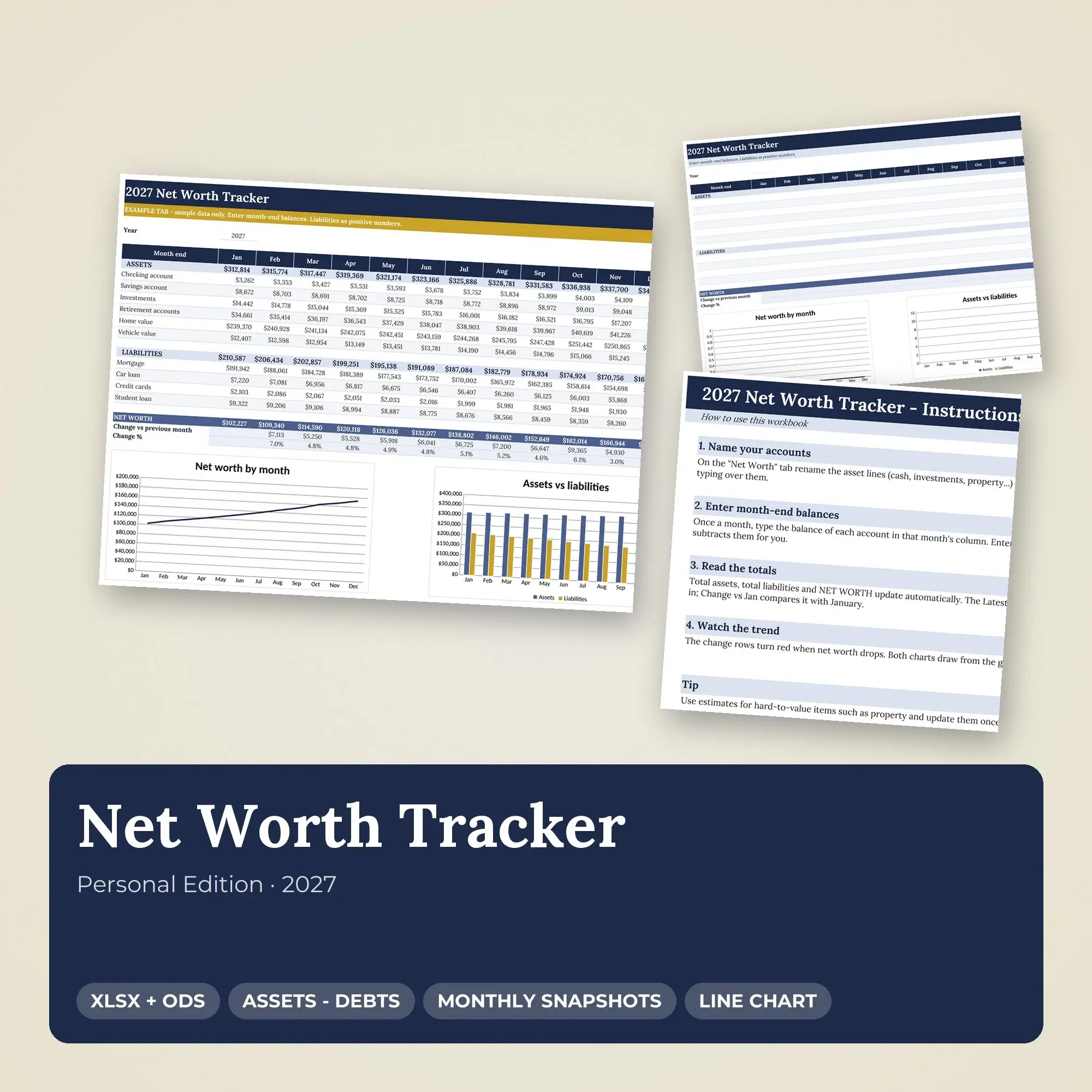 Net Worth Tracker Spreadsheet 2027, Assets and Liabilities by Month preview