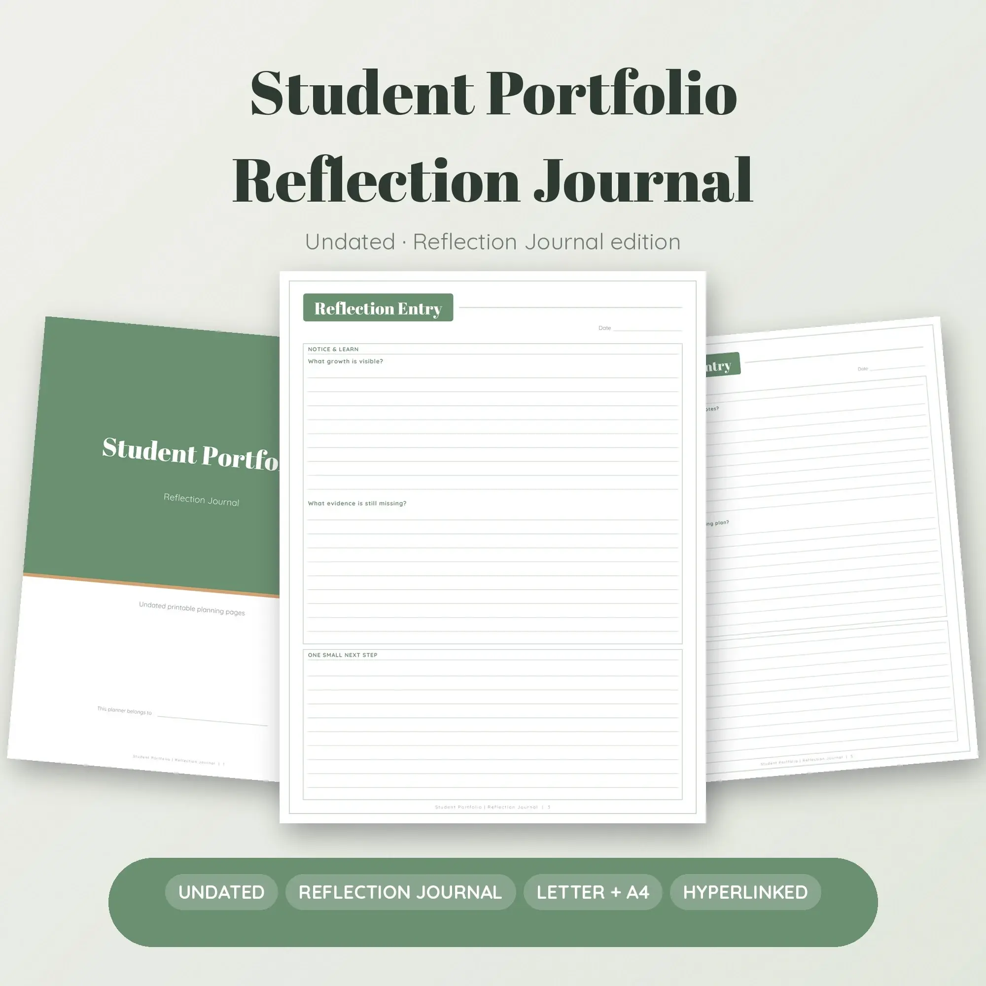 Student Portfolio Reflection Journal Planner PDF - Sage preview