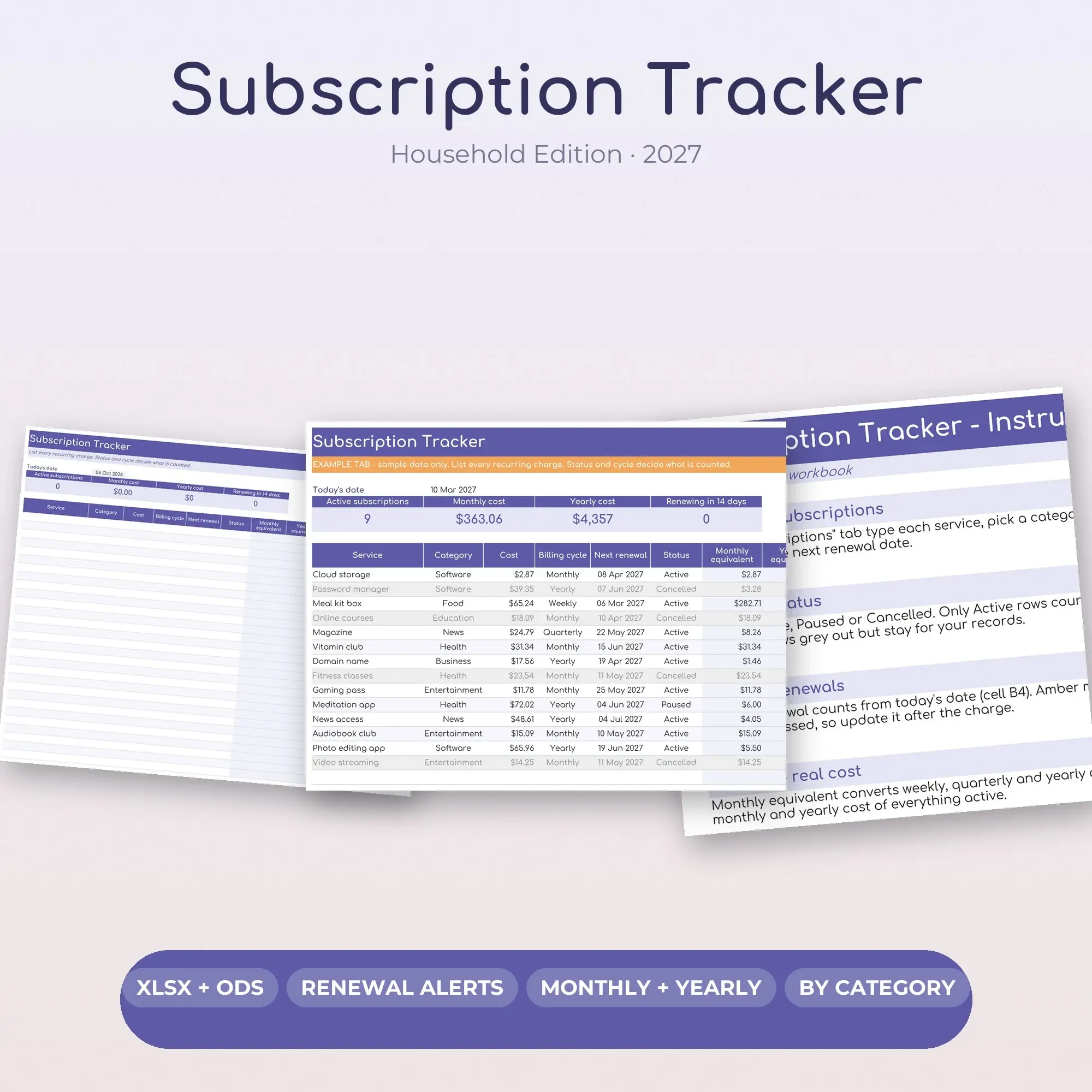 Subscription Tracker Spreadsheet, Monthly and Yearly Cost Calculator preview