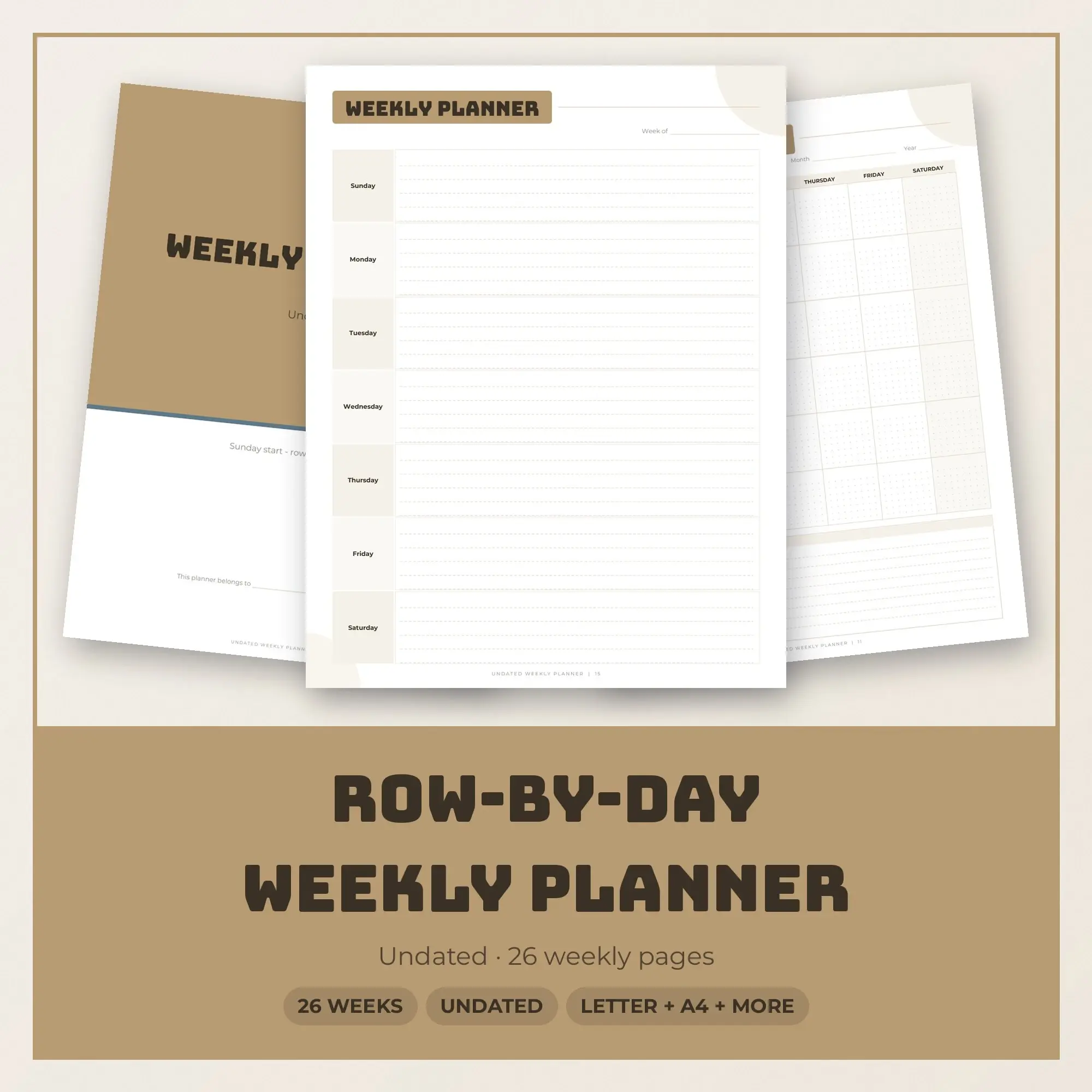 Undated Weekly Planner Printable - Row-by-Day Layout, Sand preview