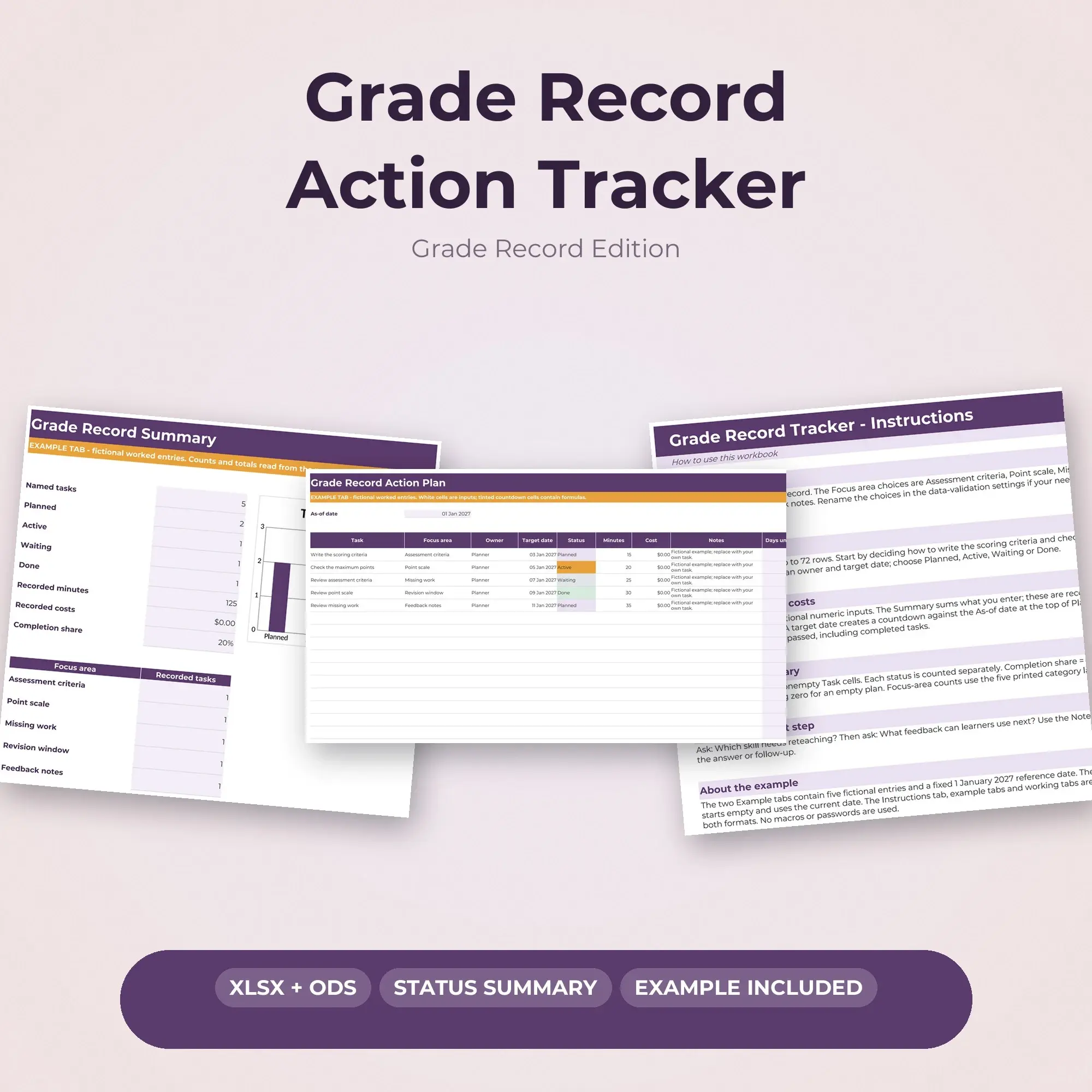 Grade Record Action Tracker Spreadsheet, XLSX + ODS preview