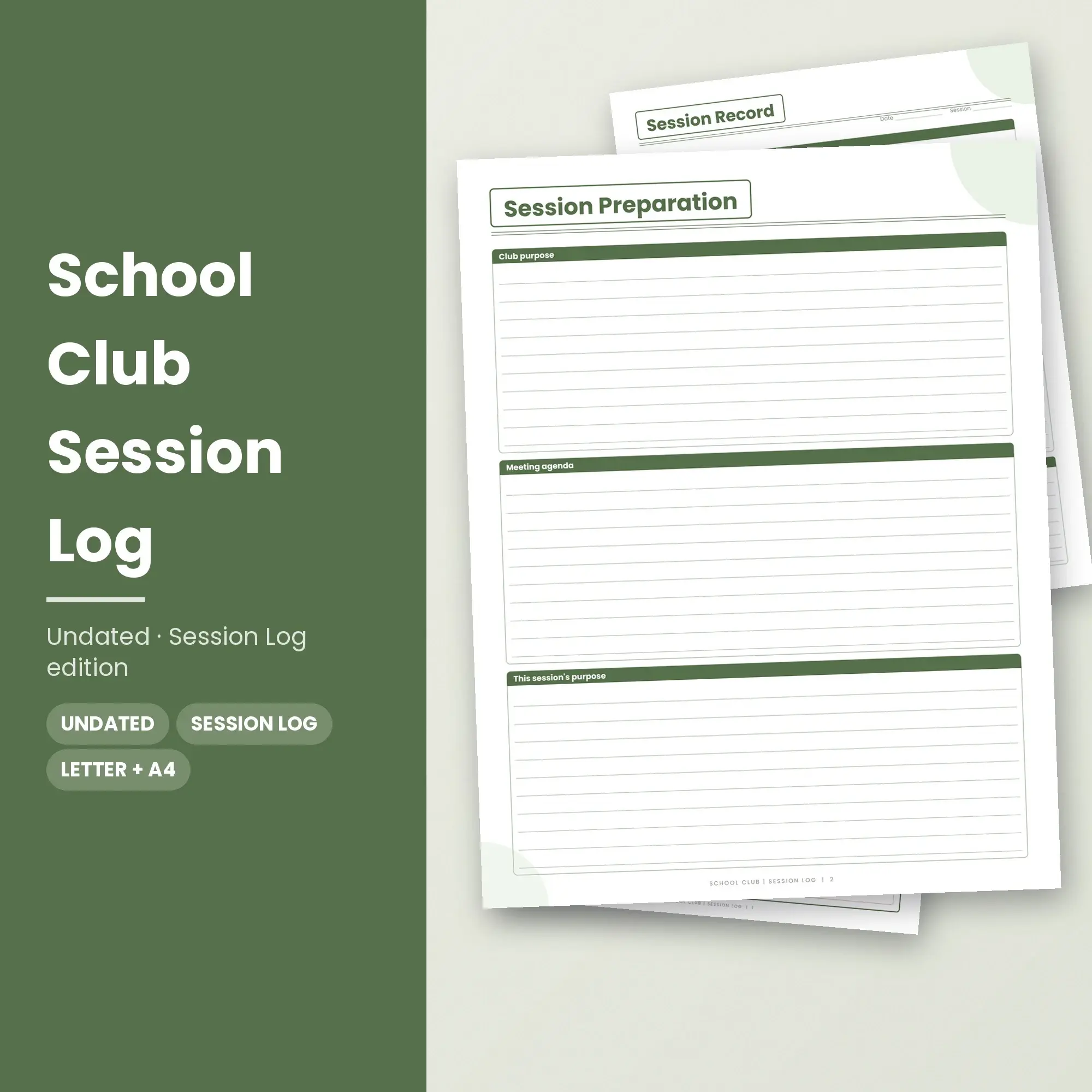 School Club Session Log Planner PDF - Moss preview