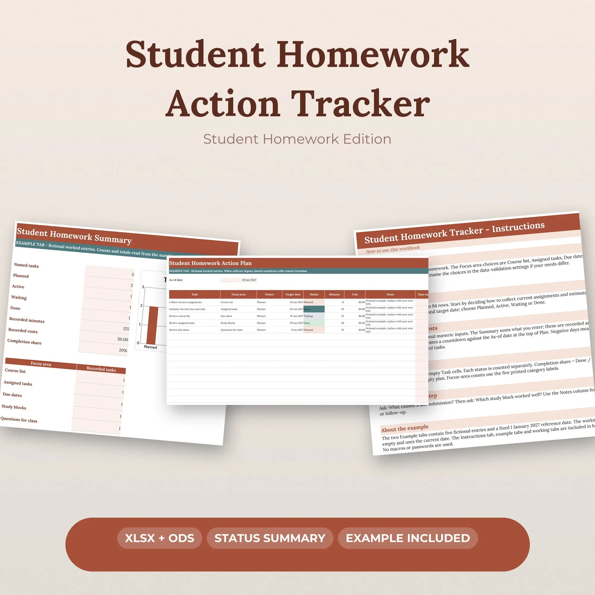 Student Homework Action Tracker Spreadsheet, XLSX + ODS preview