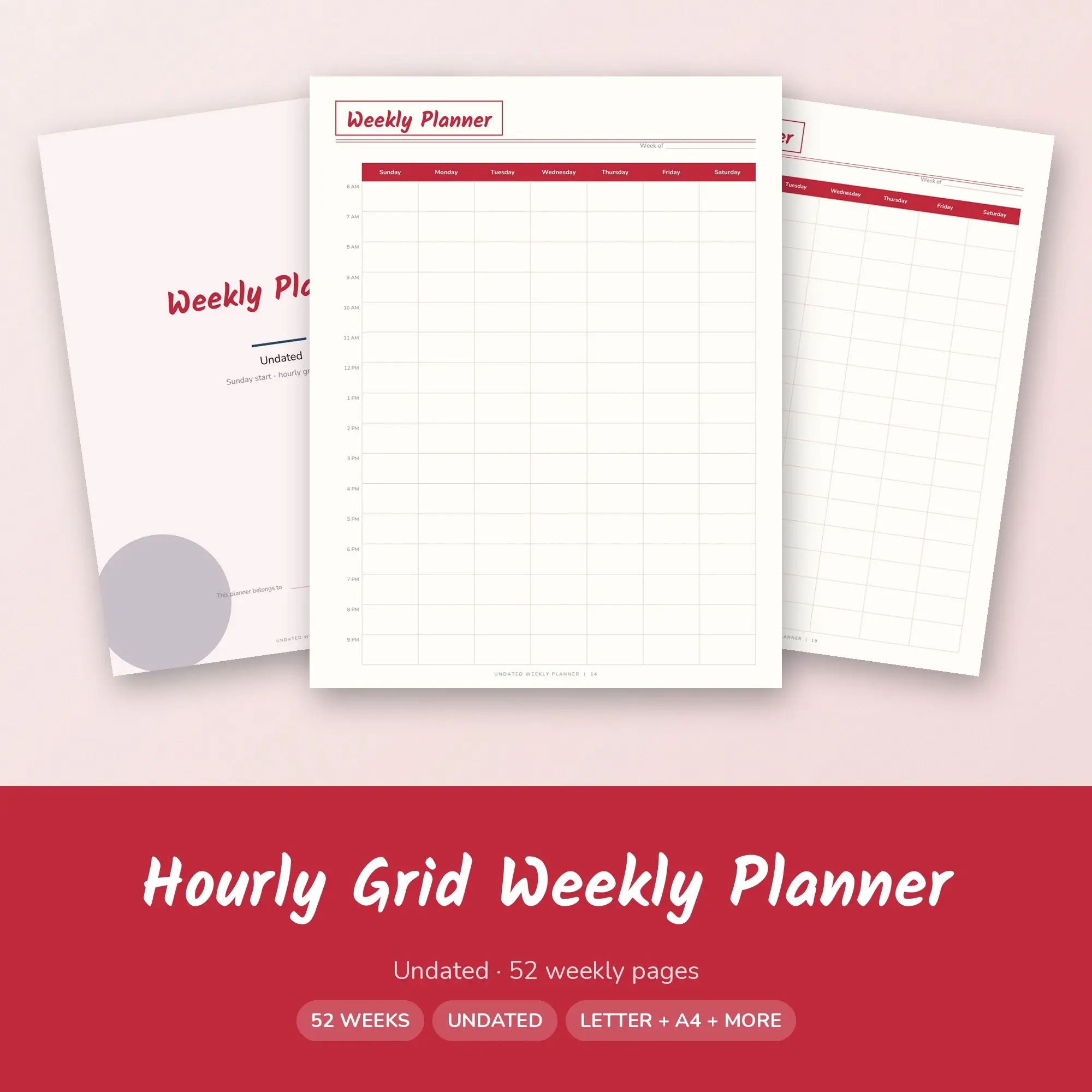 Cherry Weekly Planner Undated, Hourly Grid Pages Letter A4 A5 preview
