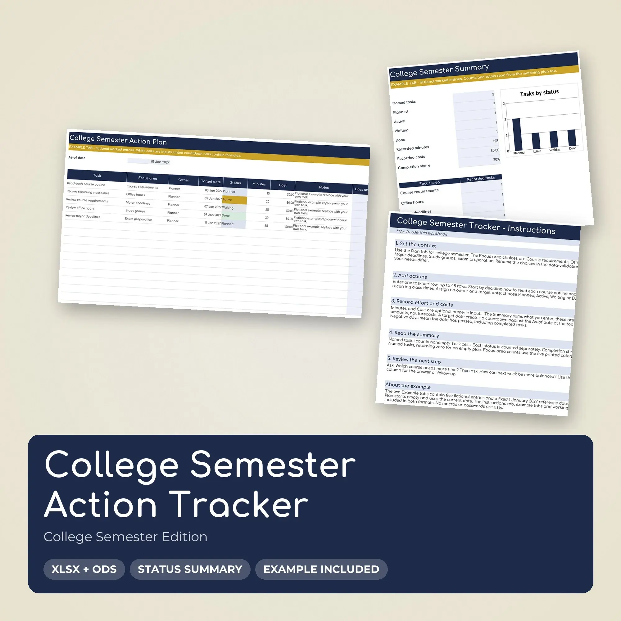 College Semester Action Tracker Spreadsheet, XLSX + ODS preview