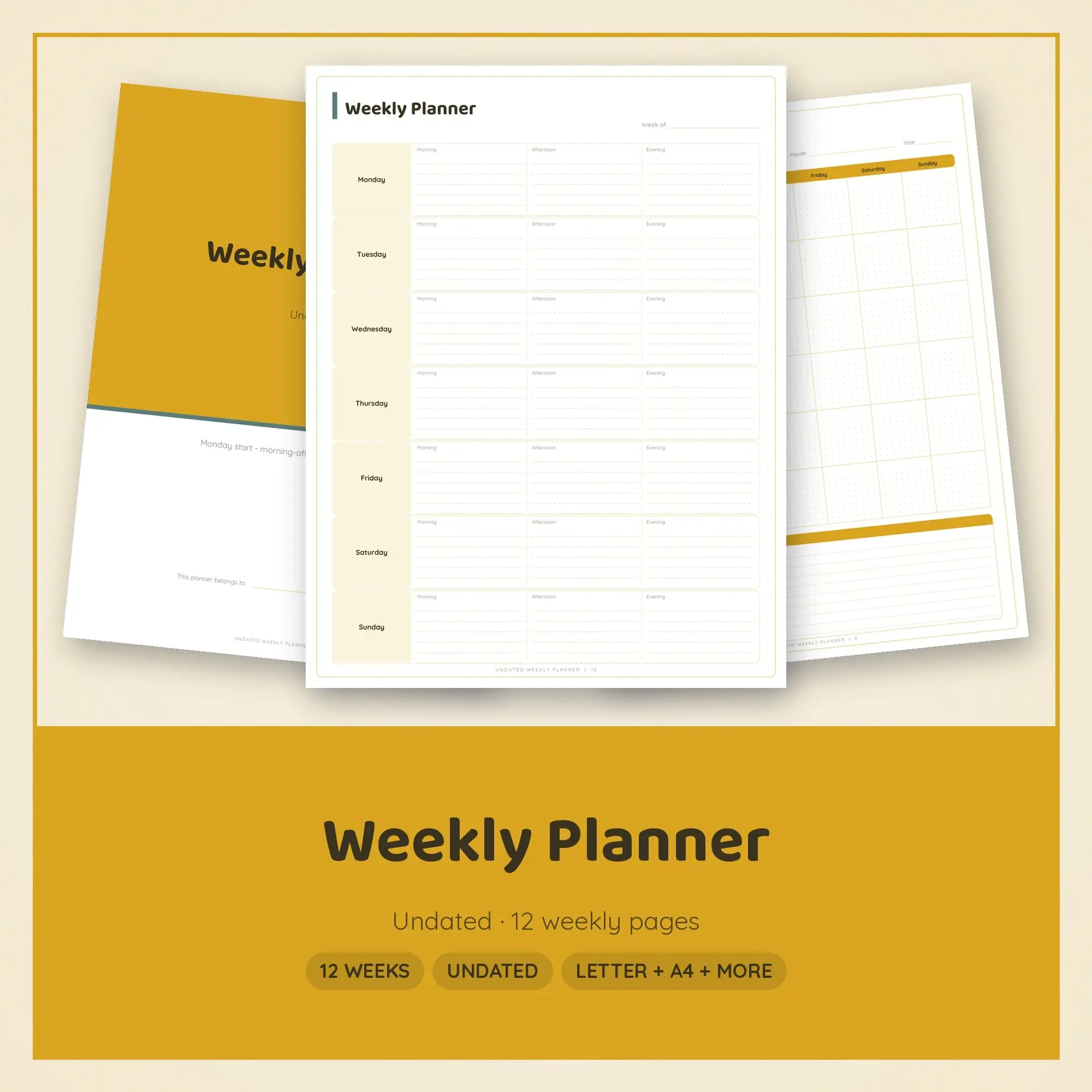 Morning-Afternoon-Evening Weekly Planner Printable, Playful Mustard Undated preview