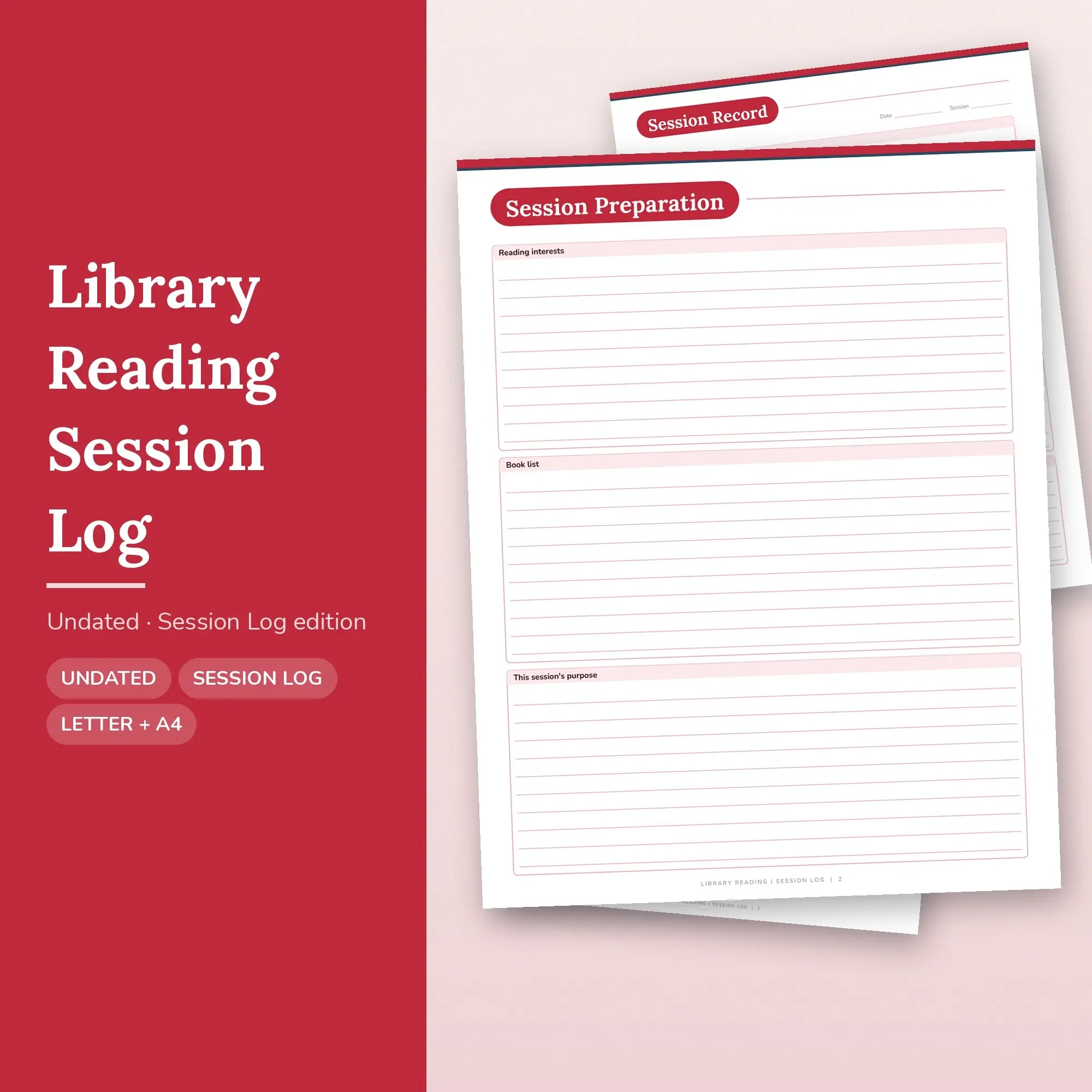 Library Reading Session Log Planner PDF - Cherry, preview 1 of 2