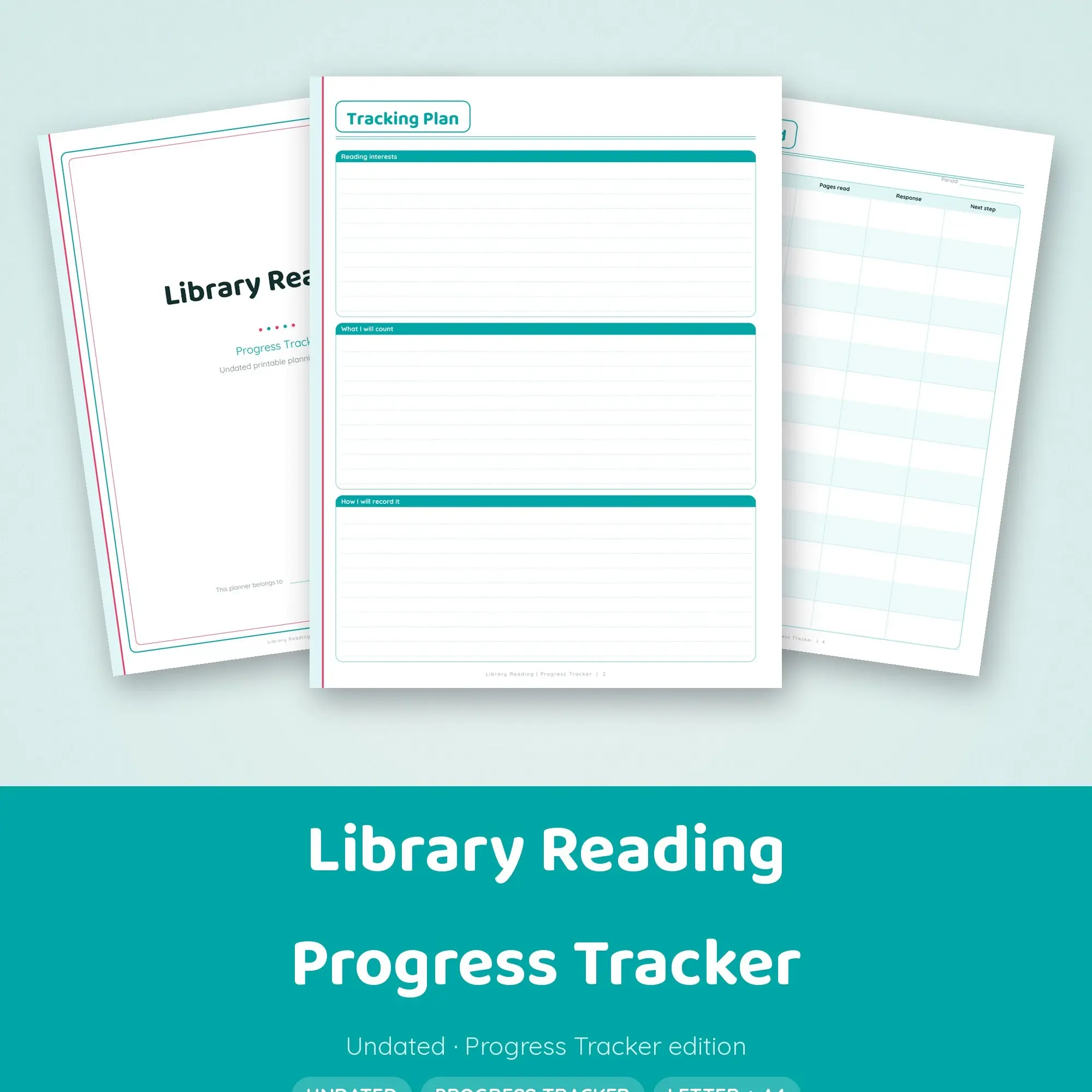 Library Reading Progress Tracker Planner PDF - Aqua, preview 1 of 2