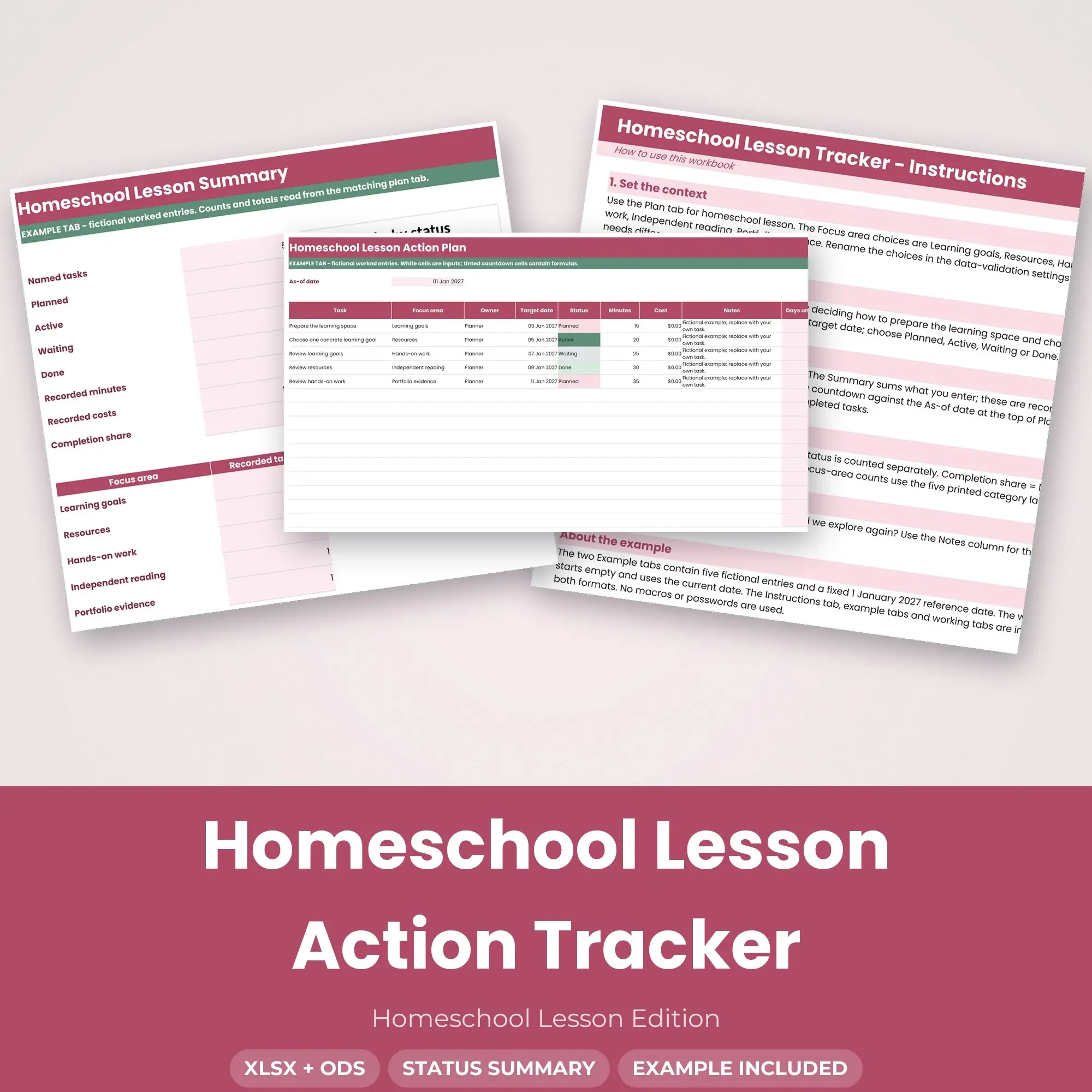 Homeschool Lesson Action Tracker Spreadsheet, XLSX + ODS preview