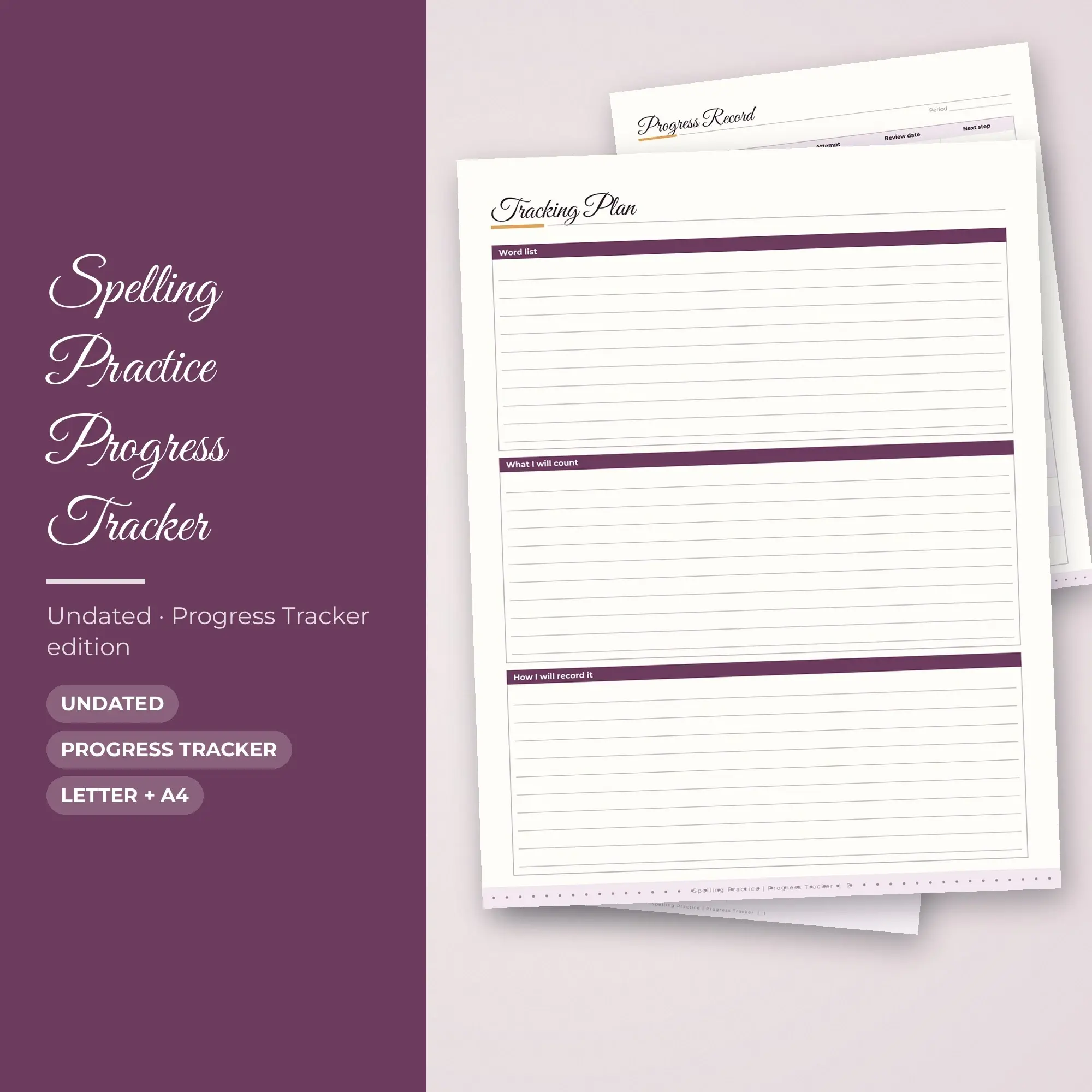 Spelling Practice Progress Tracker Planner PDF - Plum preview