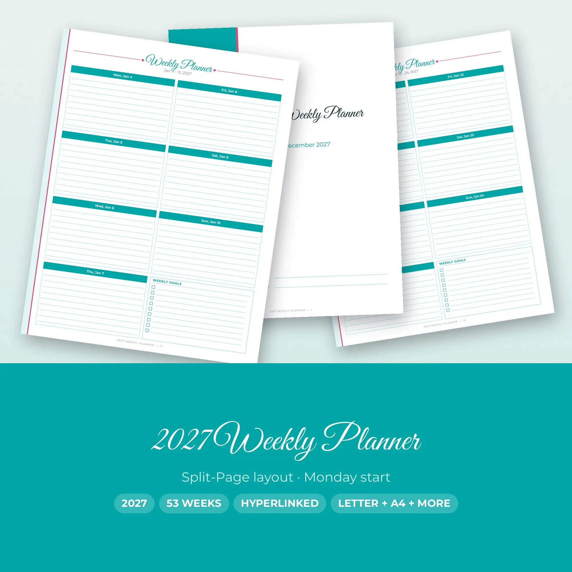2027 Digital Weekly Planner, Hyperlinked PDF + Printable, Aqua preview