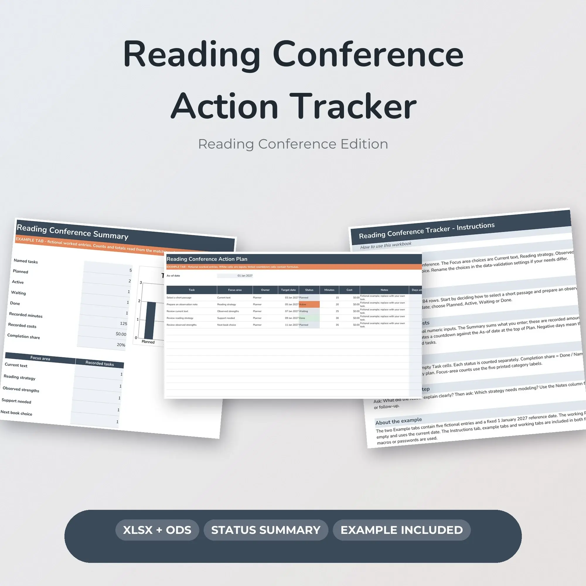 Reading Conference Action Tracker Spreadsheet, XLSX + ODS preview
