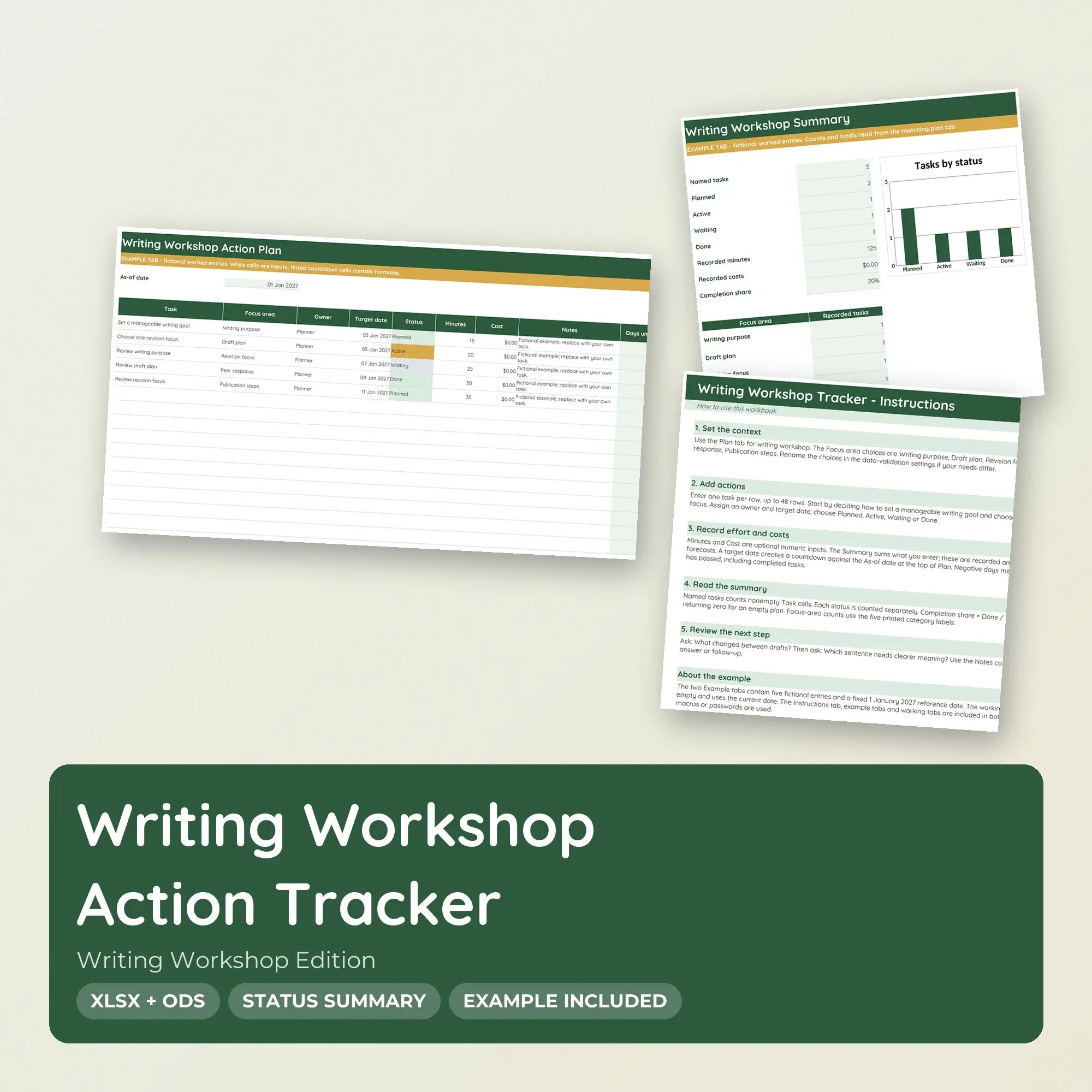 Writing Workshop Action Tracker Spreadsheet, XLSX + ODS preview