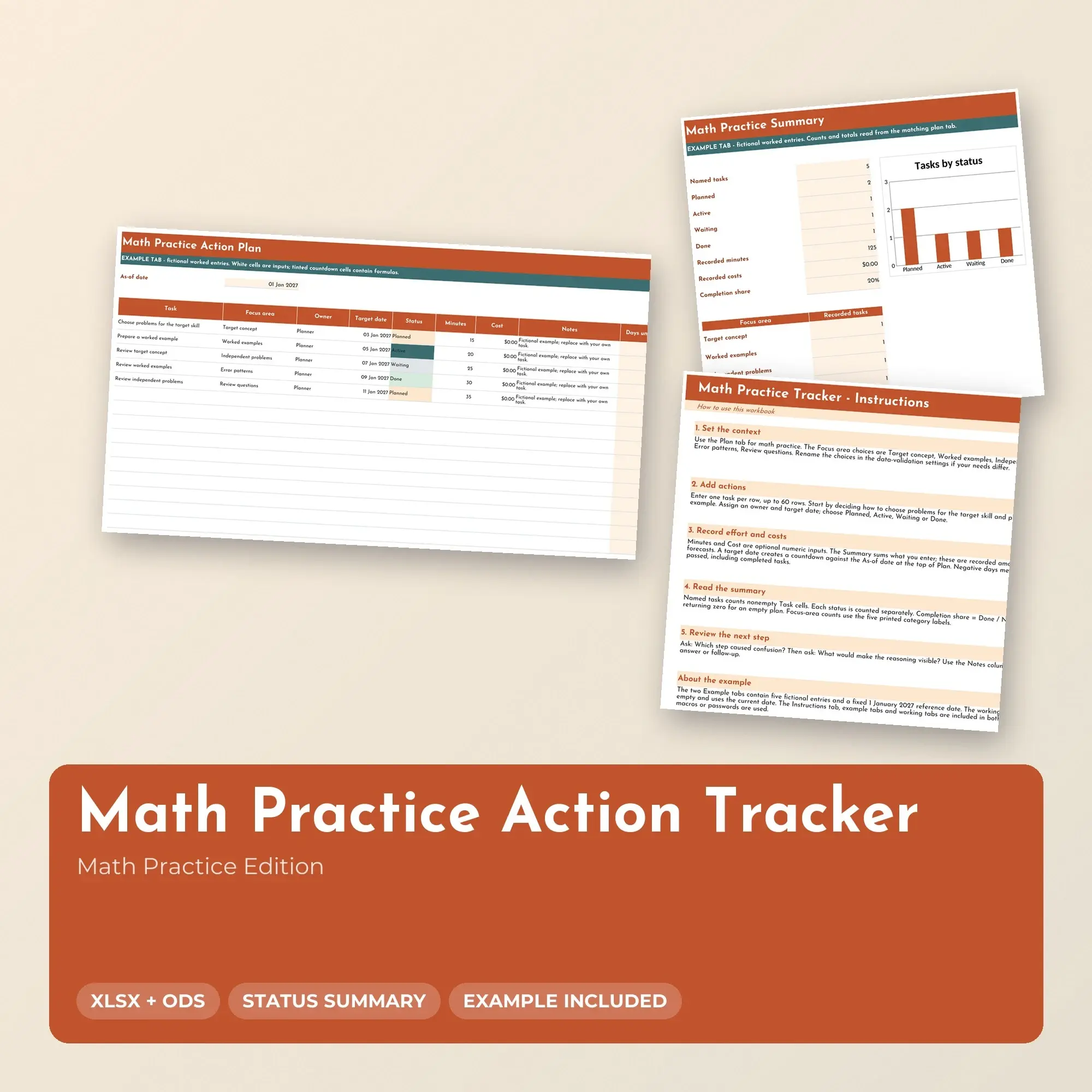 Math Practice Action Tracker Spreadsheet, XLSX + ODS preview