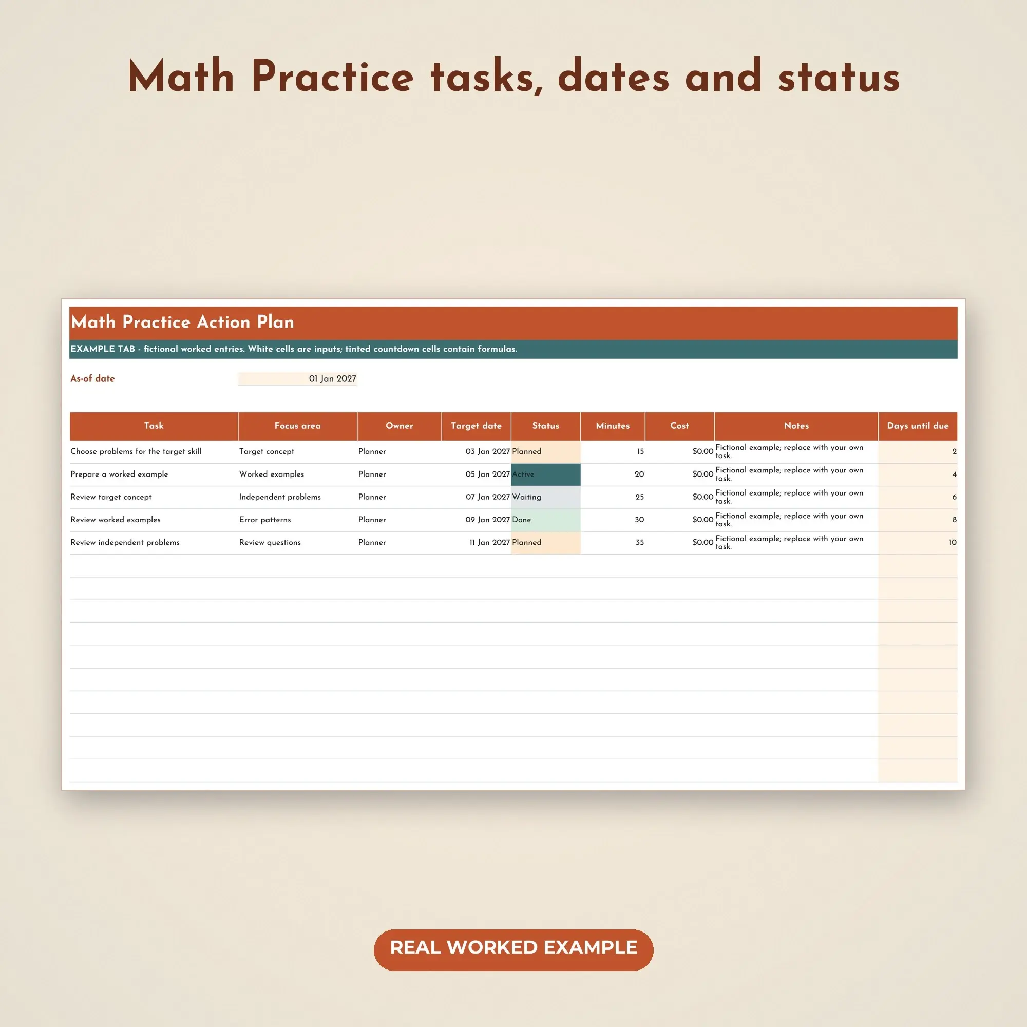 Math Practice Action Tracker Spreadsheet, XLSX + ODS, preview 2 of 2