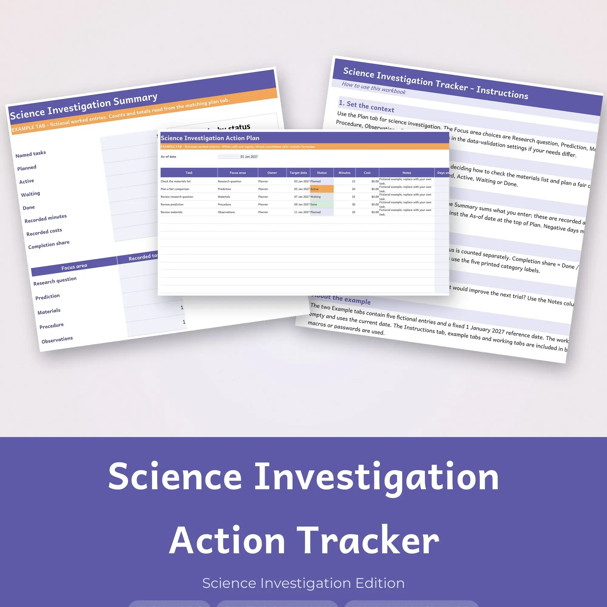 Science Investigation Action Tracker Spreadsheet, XLSX + ODS preview