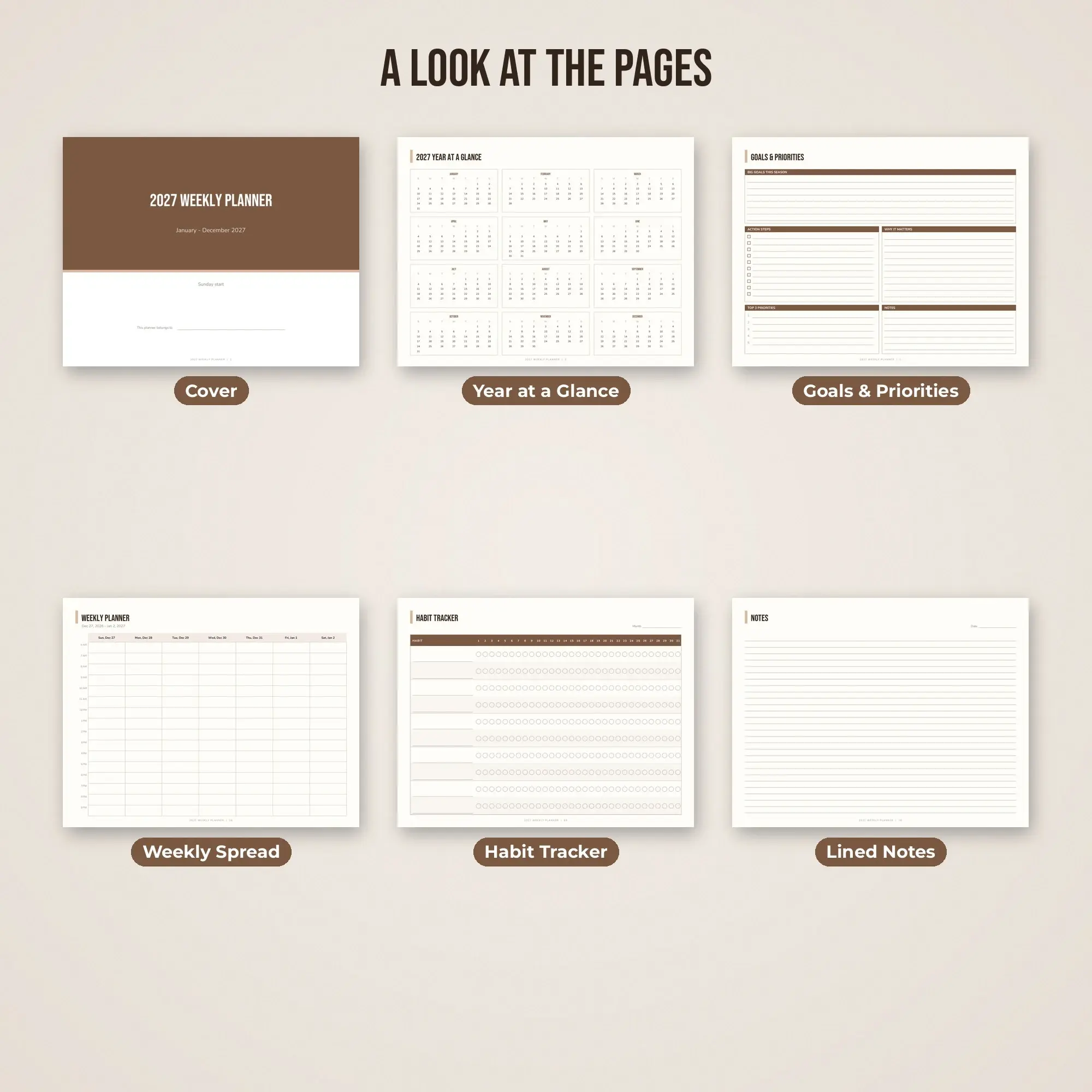 2027 Weekly Planner Printable, Simple Cocoa PDF, preview 2 of 2