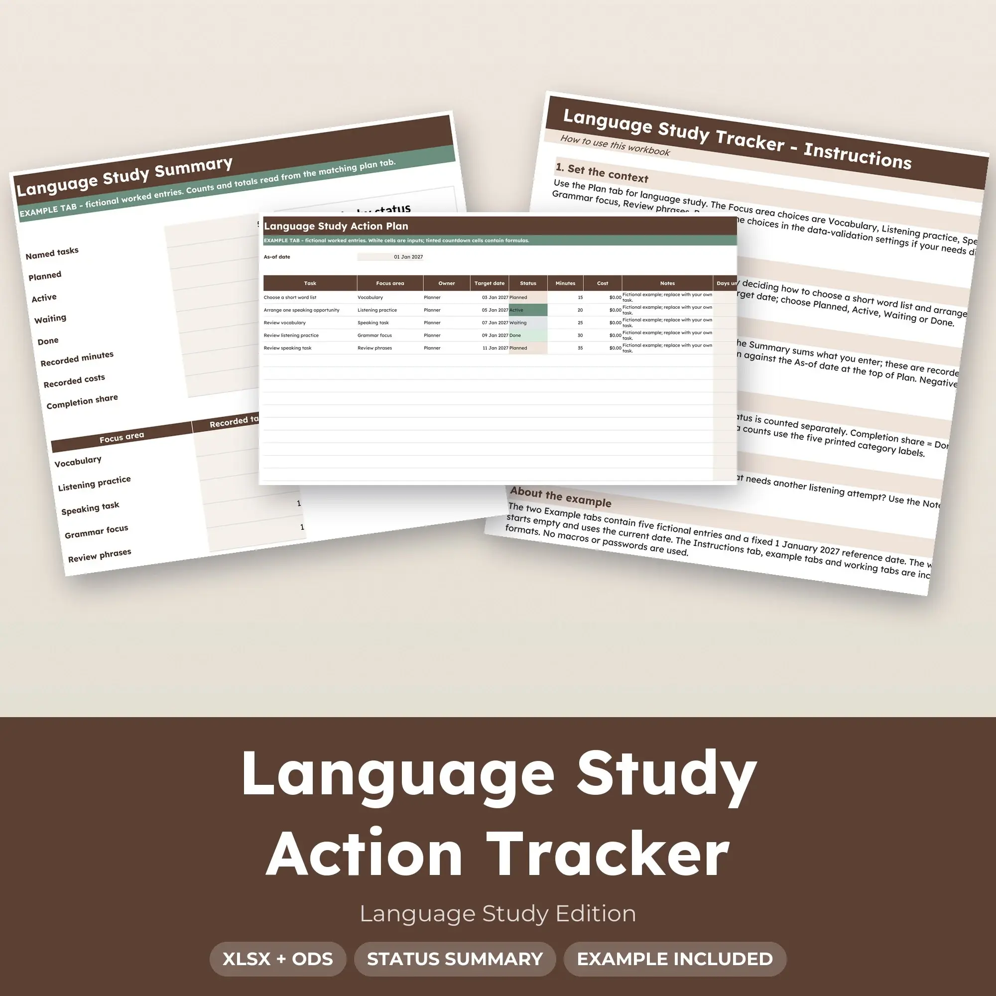 Language Study Action Tracker Spreadsheet, XLSX + ODS preview