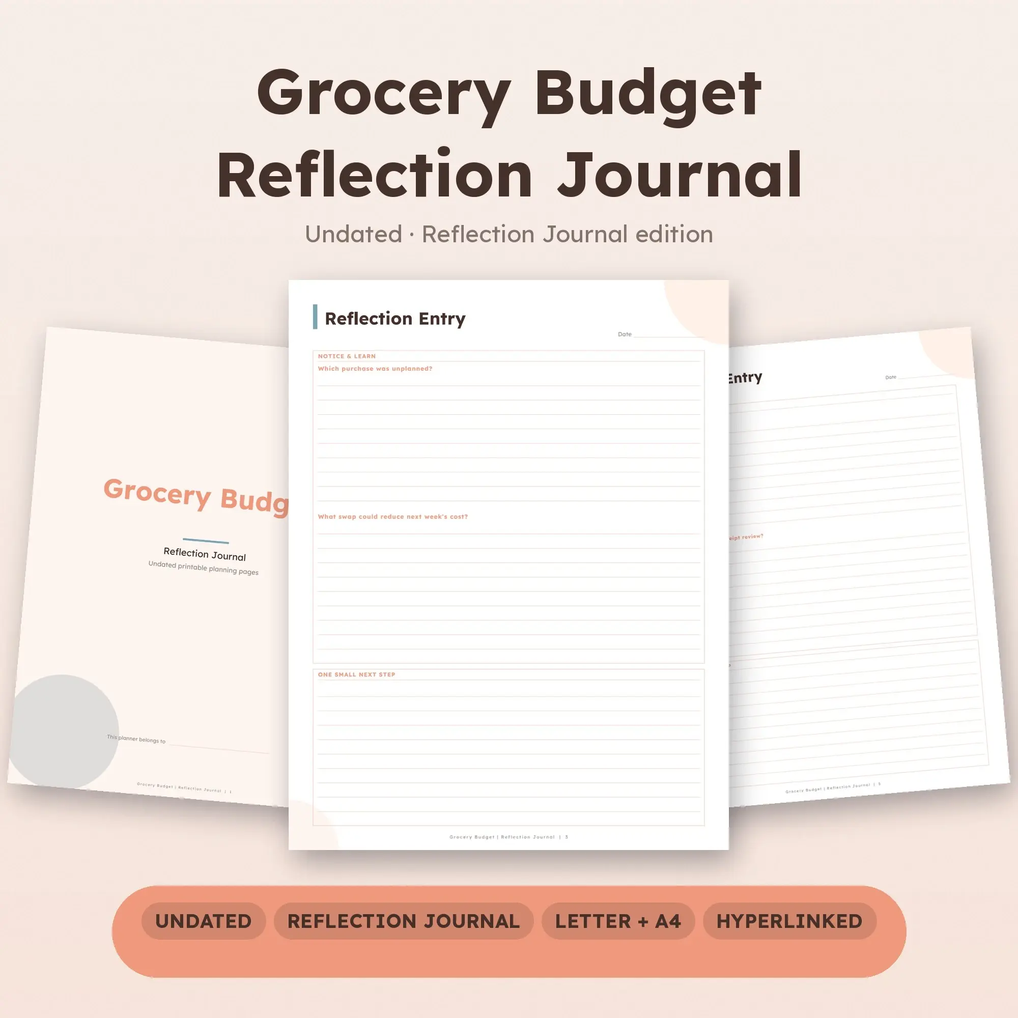 Grocery Budget Reflection Journal Planner PDF - Peach preview