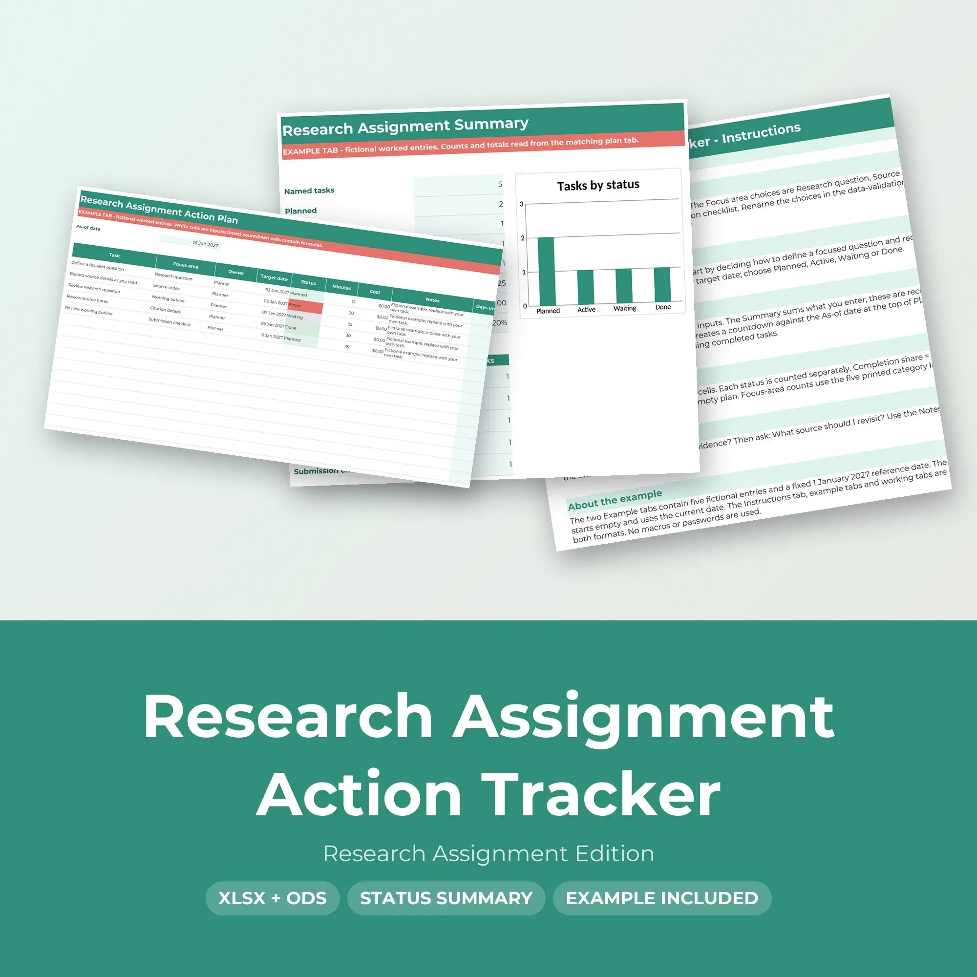 Research Assignment Action Tracker Spreadsheet, XLSX + ODS preview