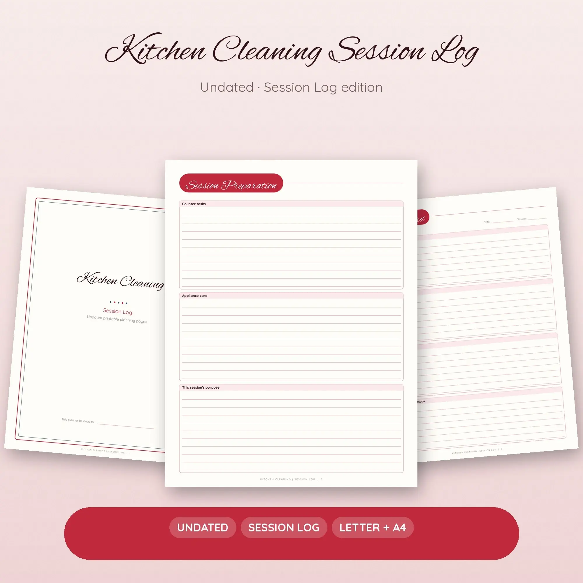 Kitchen Cleaning Session Log Planner PDF - Cherry preview