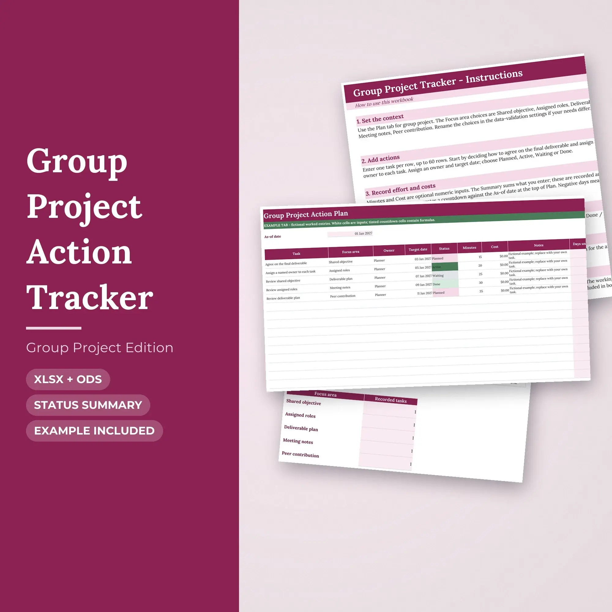 Group Project Action Tracker Spreadsheet, XLSX + ODS preview