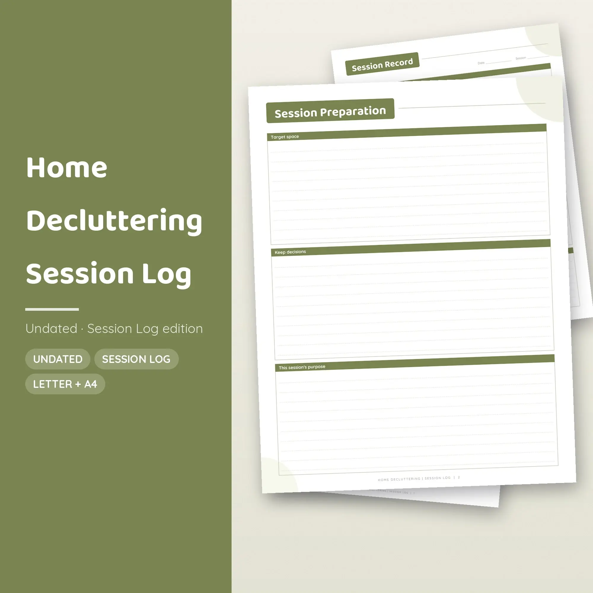 Home Decluttering Session Log Planner PDF - Olive preview