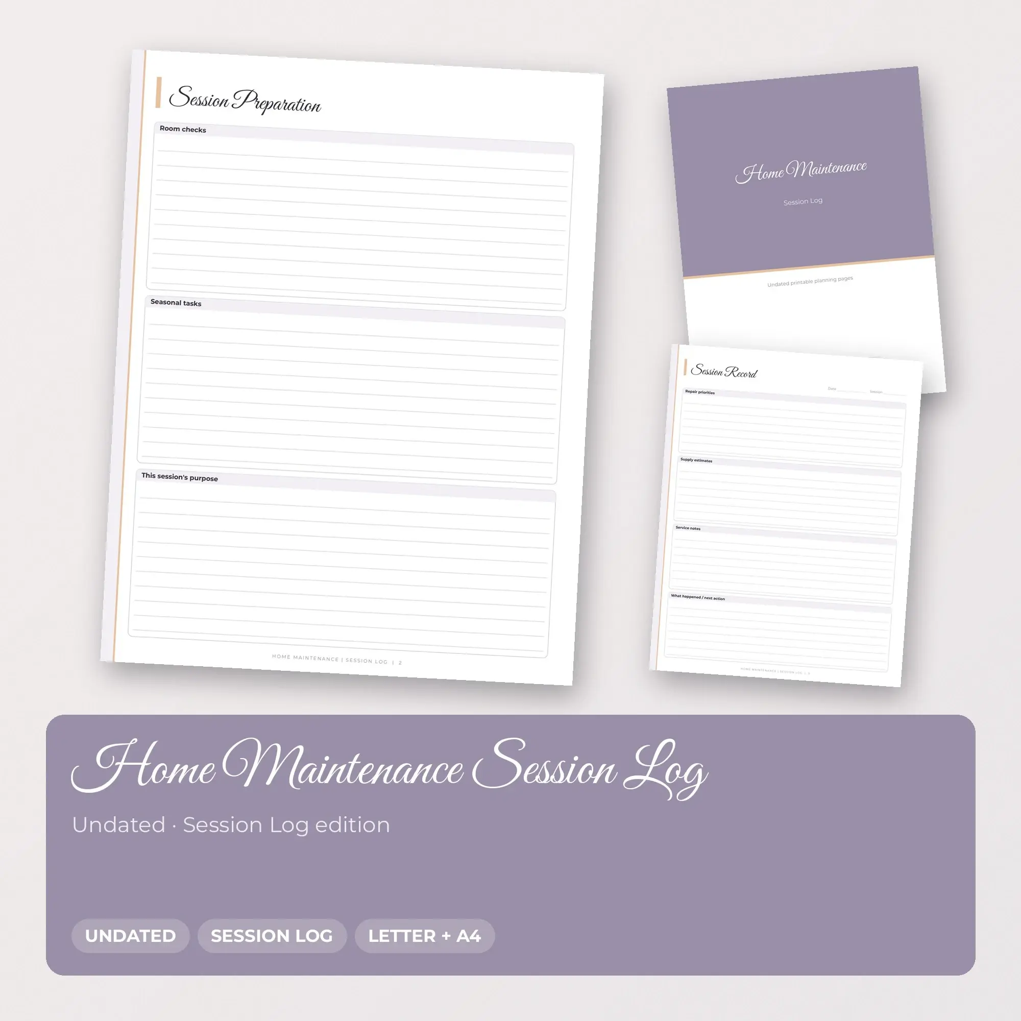 Home Maintenance Session Log Planner PDF - Lilac, preview 1 of 2