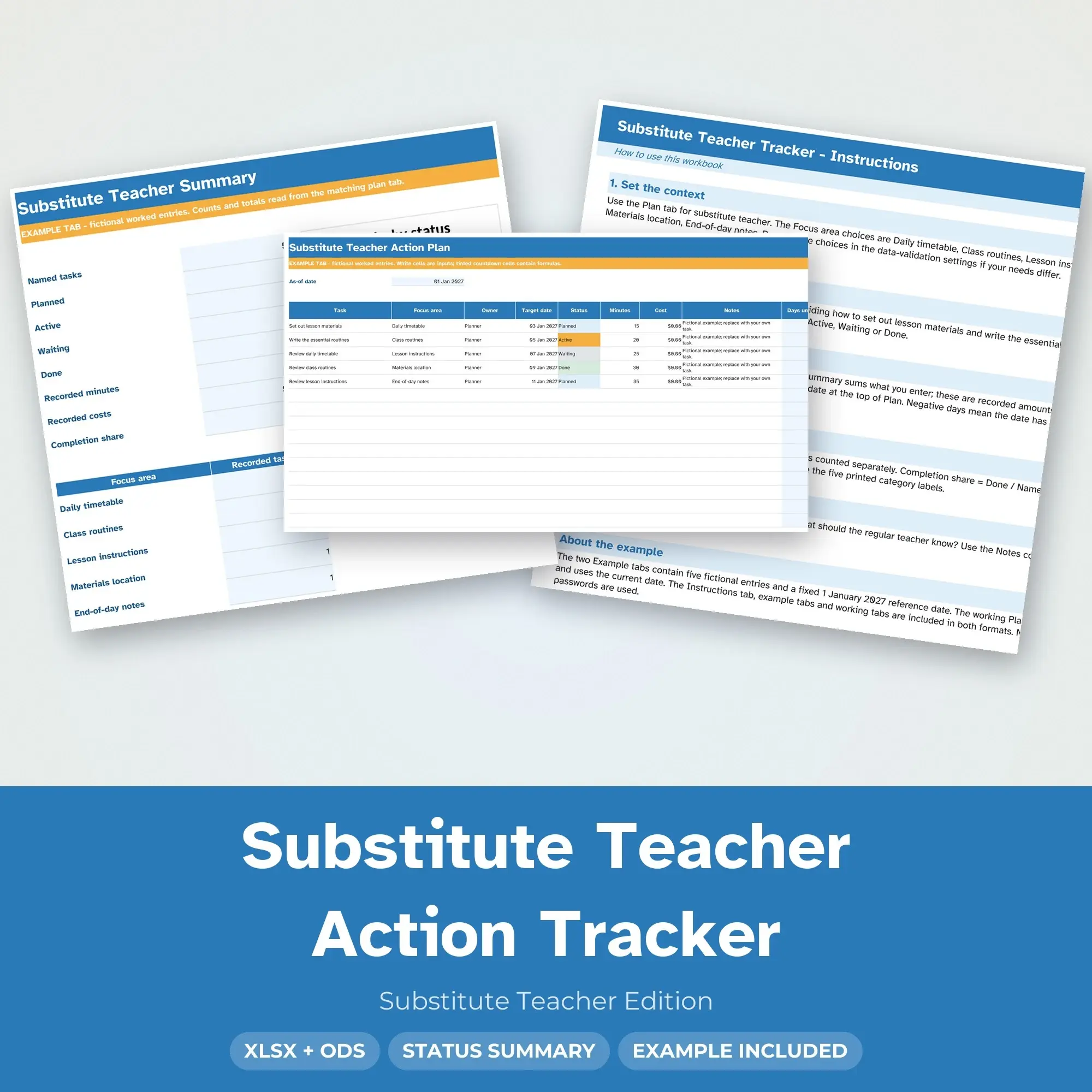 Substitute Teacher Action Tracker Spreadsheet, XLSX + ODS preview