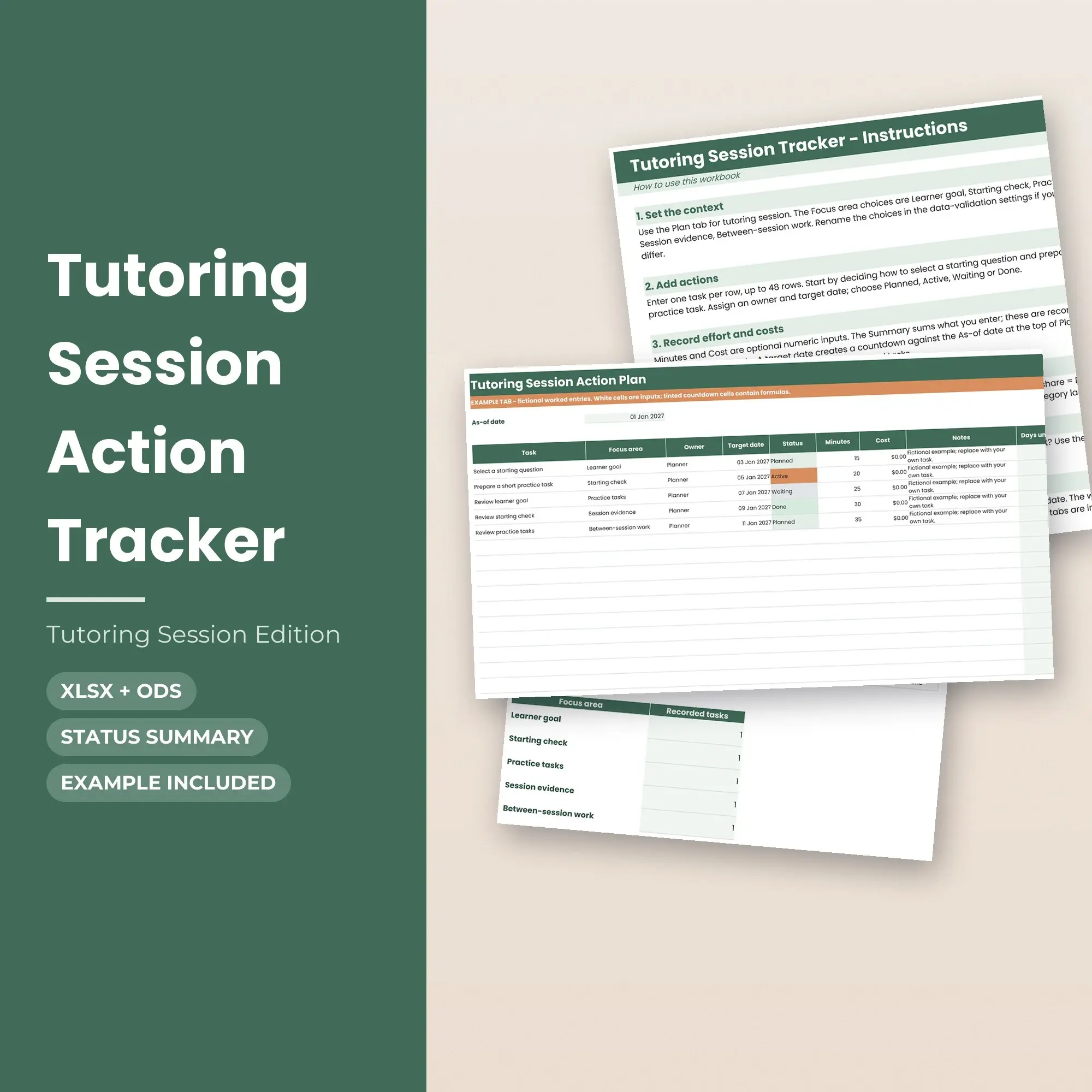 Tutoring Session Action Tracker Spreadsheet, XLSX + ODS preview