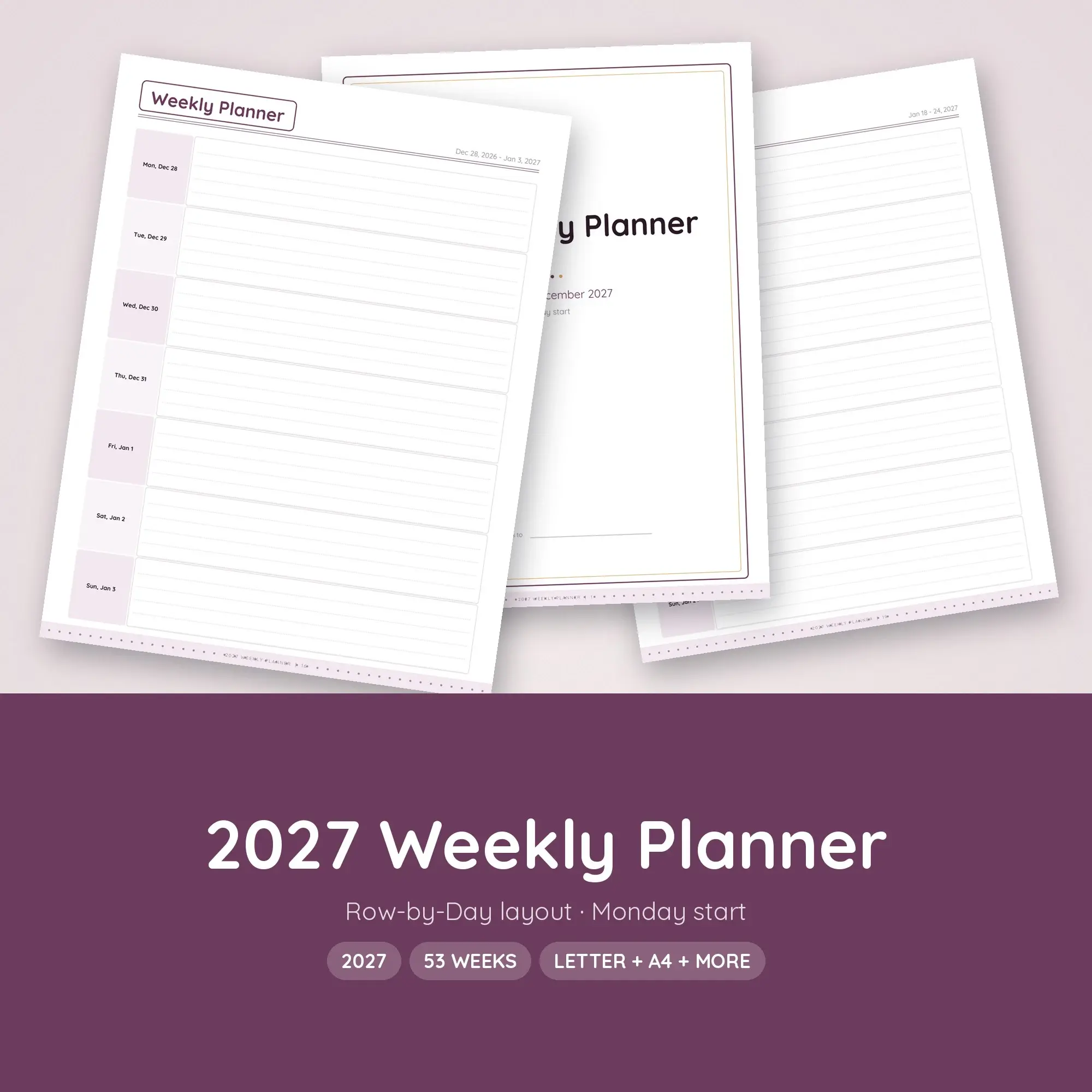 Weekly Planner 2027 Printable, Plum Clean, Dated PDF preview