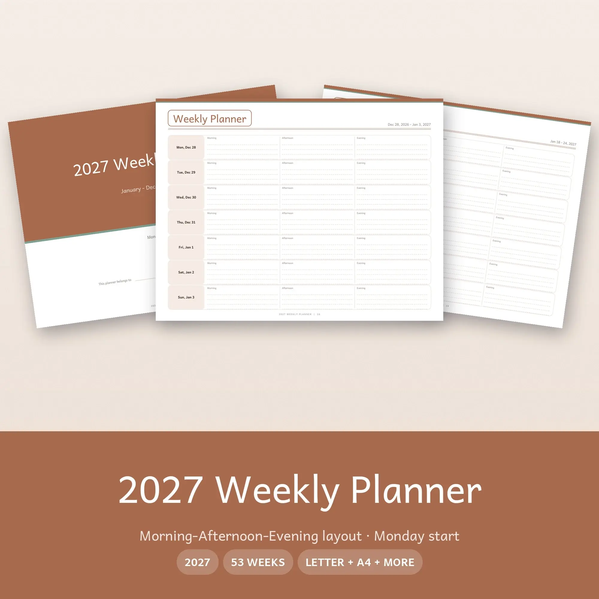 2027 Weekly Planner Printable - Morning-Afternoon-Evening Layout, Monday Start preview