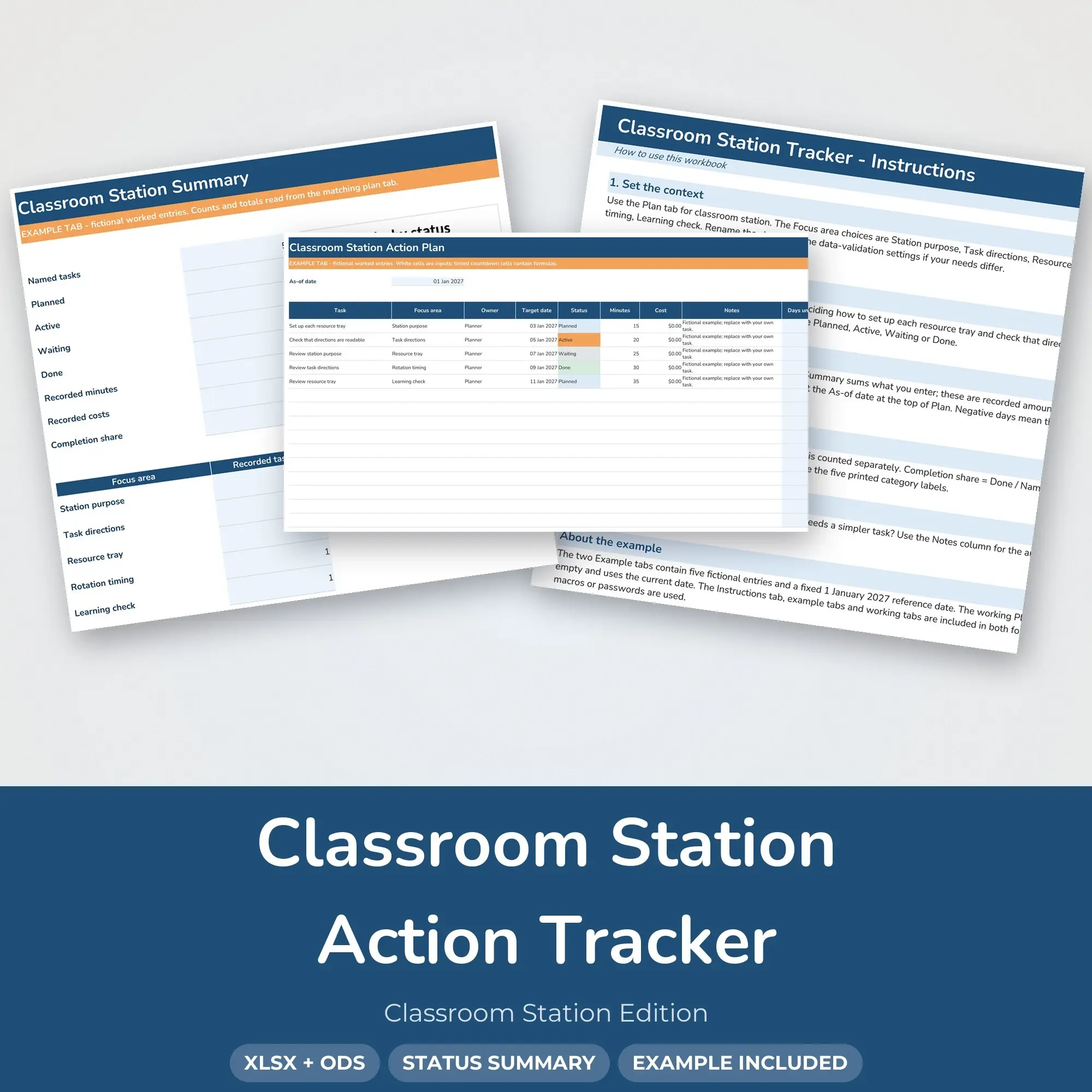 Classroom Station Action Tracker Spreadsheet, XLSX + ODS preview