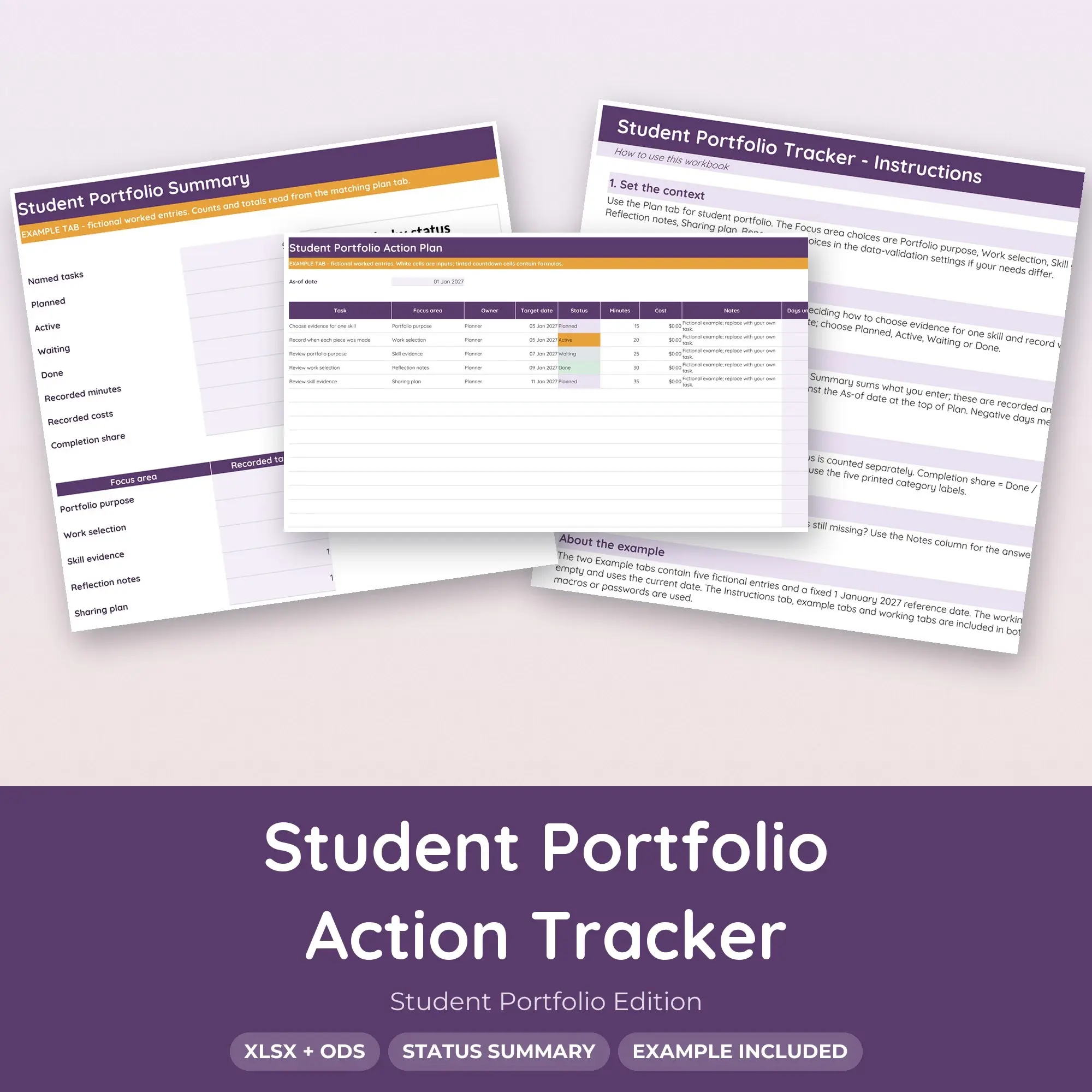 Student Portfolio Action Tracker Spreadsheet, XLSX + ODS preview