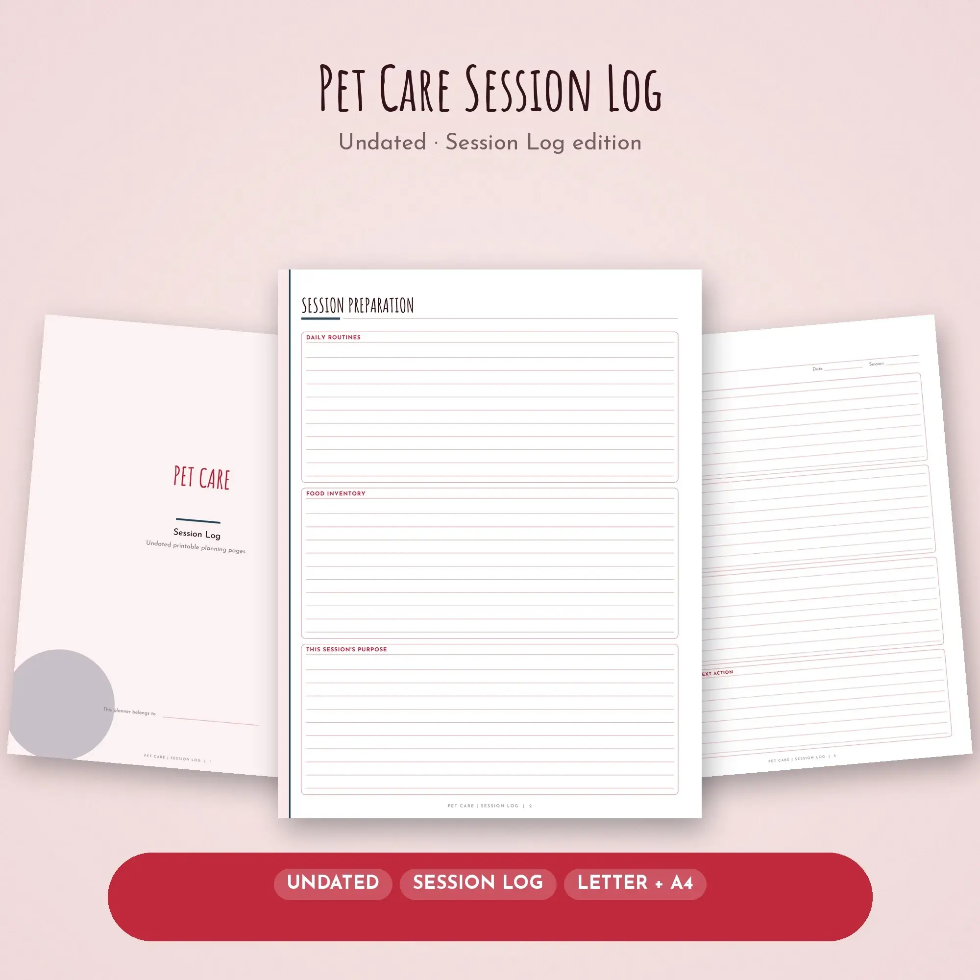 Pet Care Session Log Planner PDF - Cherry preview