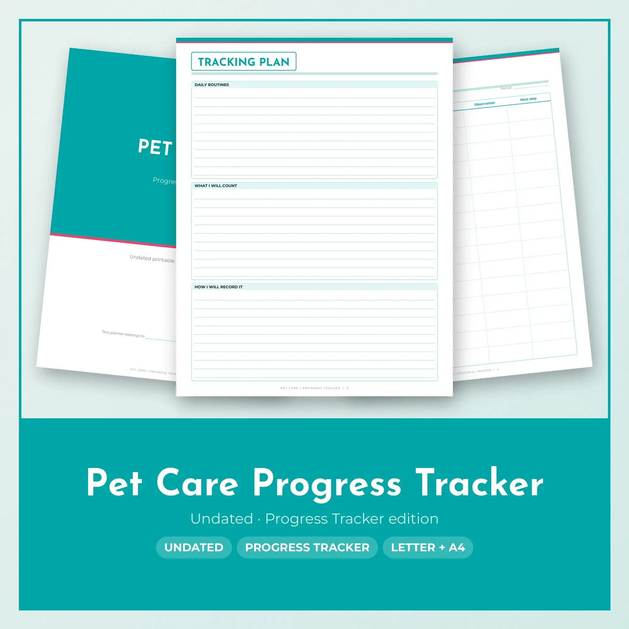 Pet Care Progress Tracker Planner PDF - Aqua preview