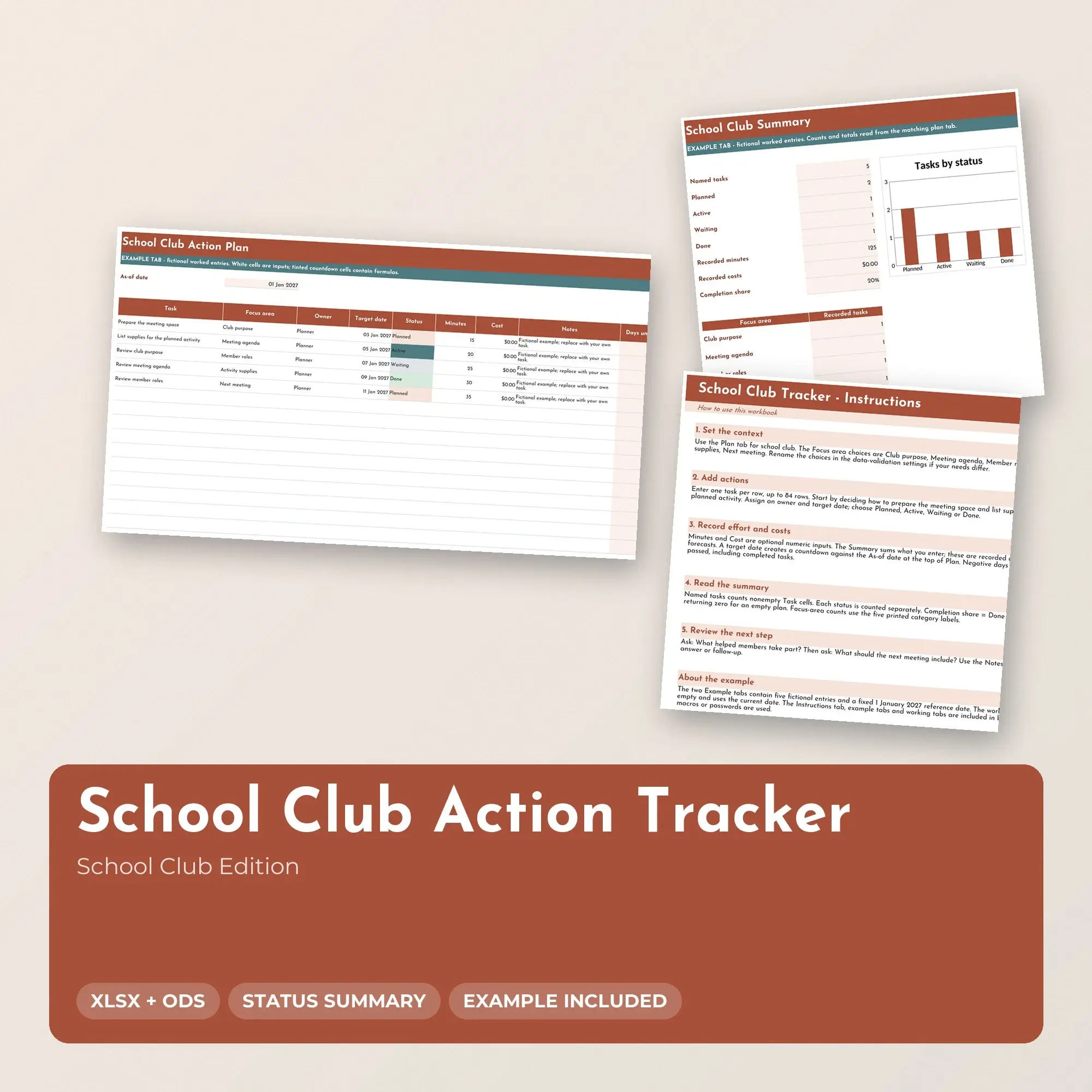School Club Action Tracker Spreadsheet, XLSX + ODS preview