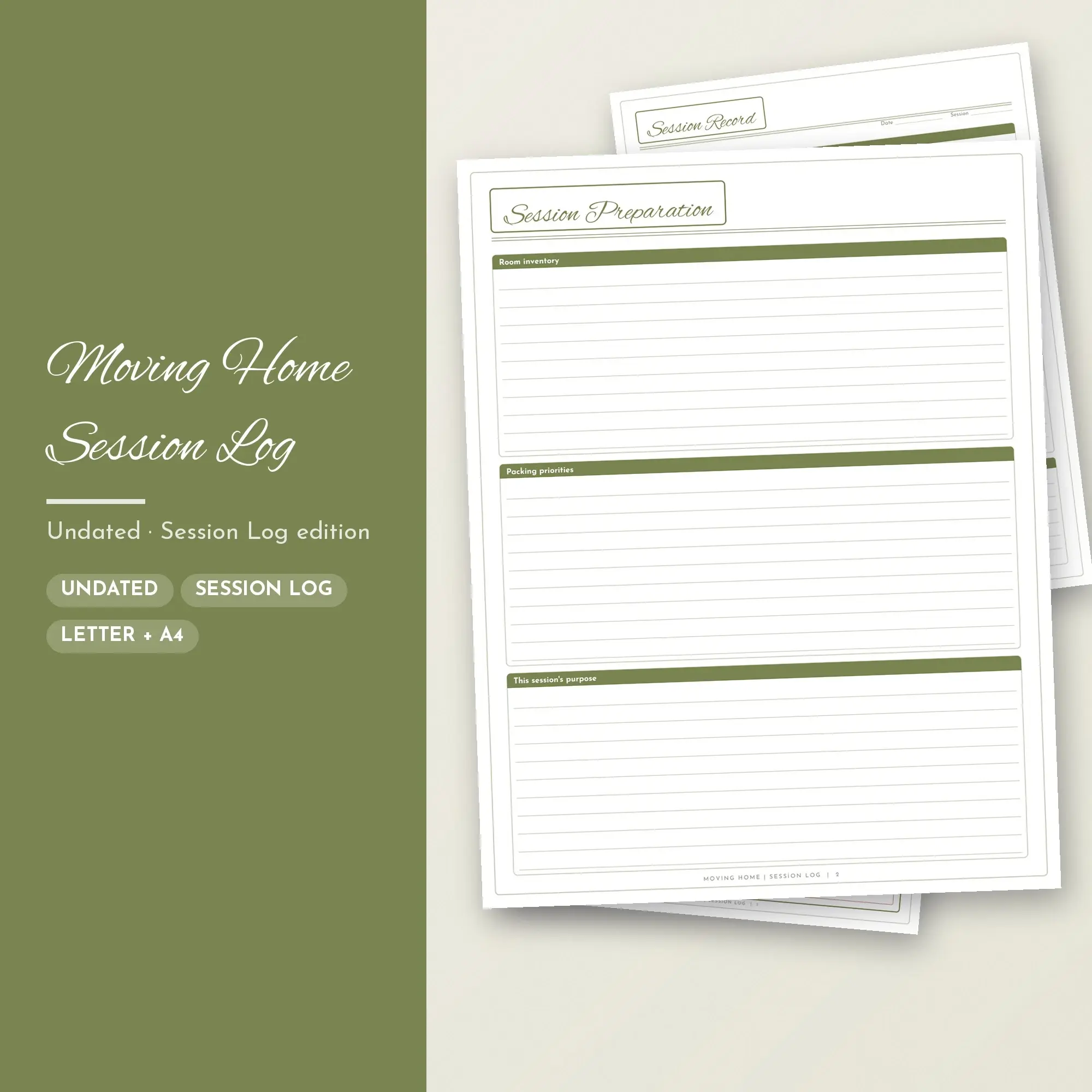 Moving Home Session Log Planner PDF - Olive preview