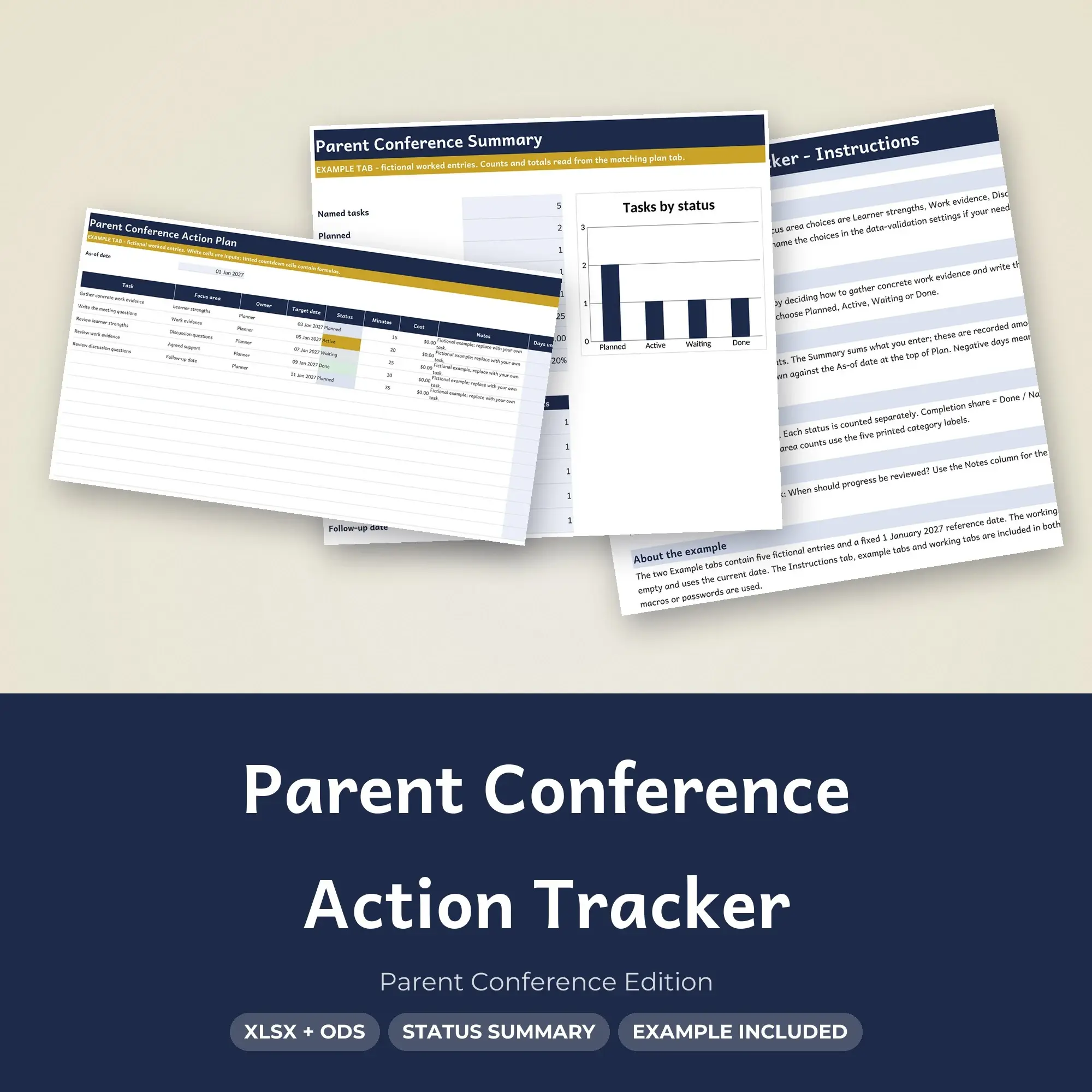 Parent Conference Action Tracker Spreadsheet, XLSX + ODS preview